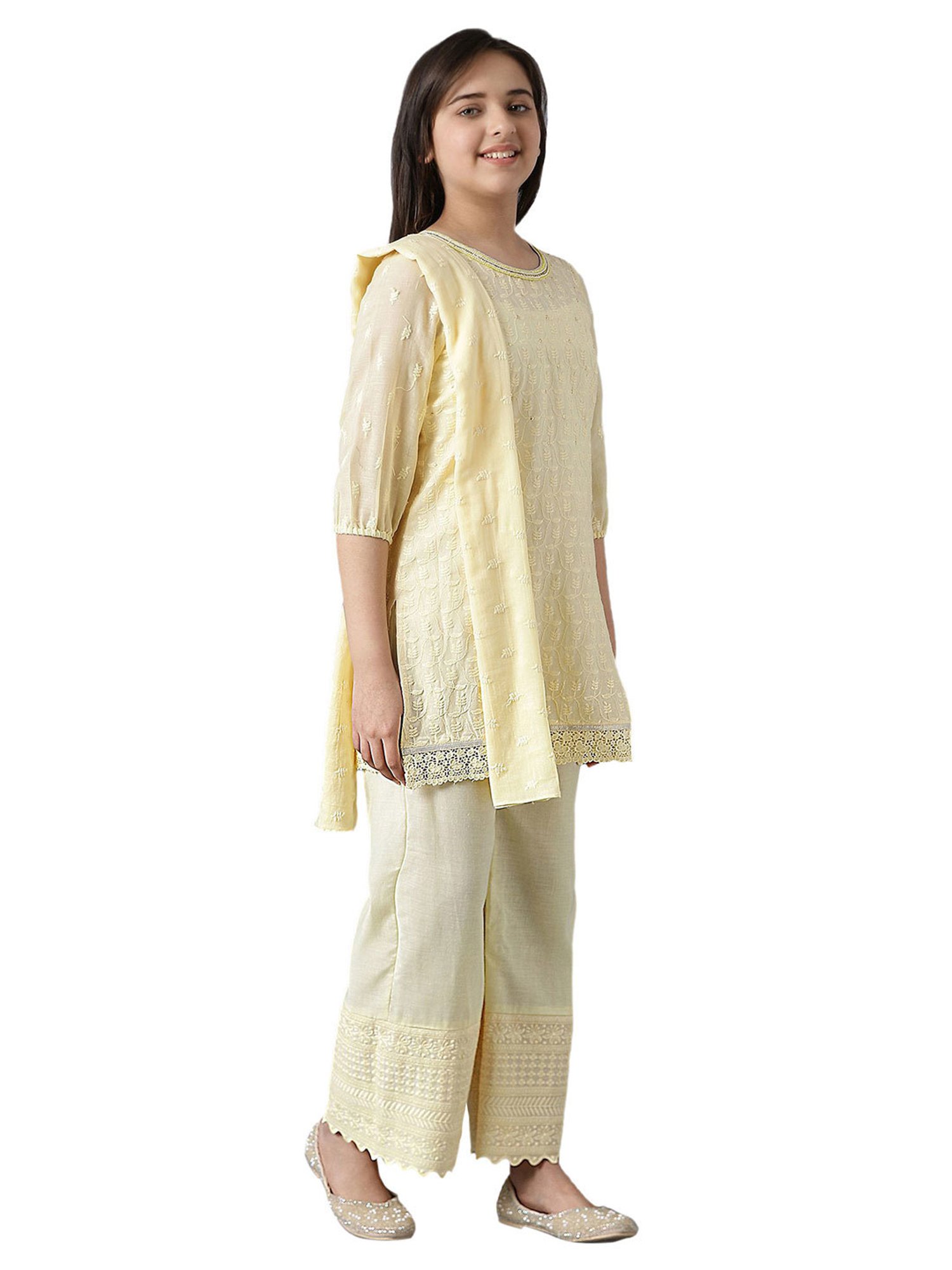 Aurelia Kids Light Yellow Embroidered Kurta with Palazzos & Dupatta