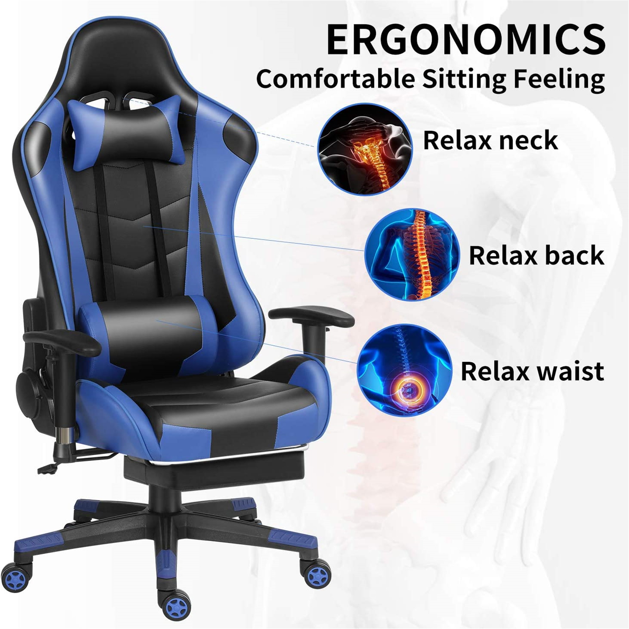 Ergonomic Gaming Chair Racing Chair E-Sports Chair Home Office Chair Computer Game Chair with PU Leather,3D Adjustable Arm,Memory Foam,Lumbar Support,Headrest and Footrest