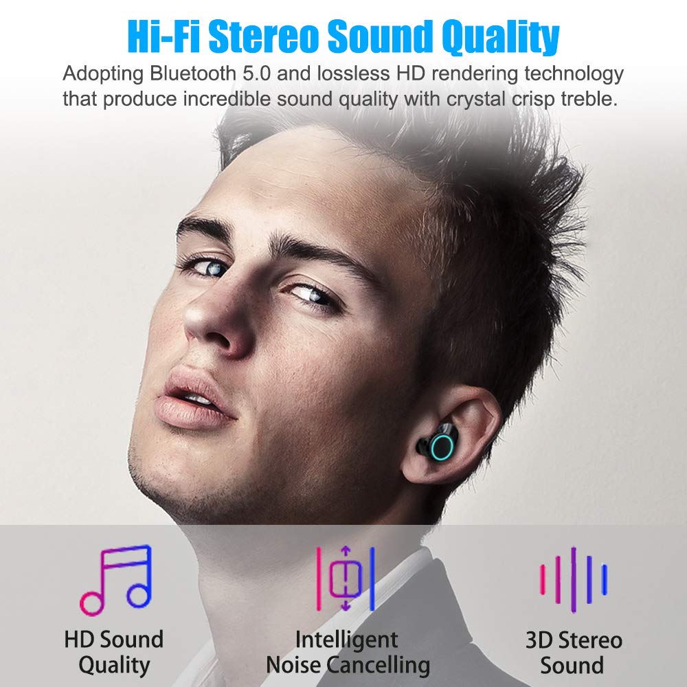 Wireless Earbuds, Nurbenn TWS Bluetooth 5.0 Headphones True Wireless Ear Buds IPX7 Waterproof Dual Built-in Mic Earphones with 4000mAh Charging Case for 120H Extended Playtime