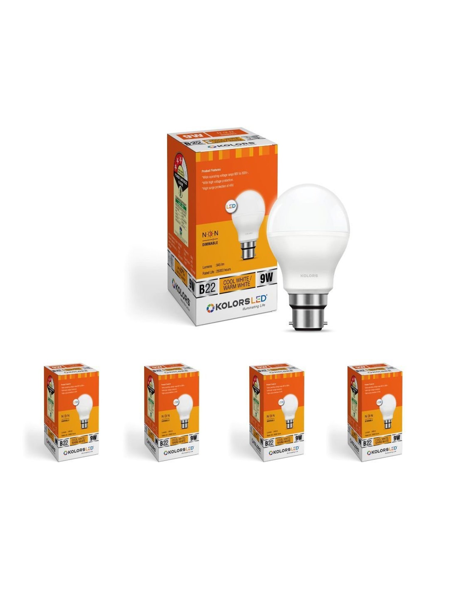 KOLORS Keeto LED Bulb B22 6500K 9W Pack of 5 - Cool White