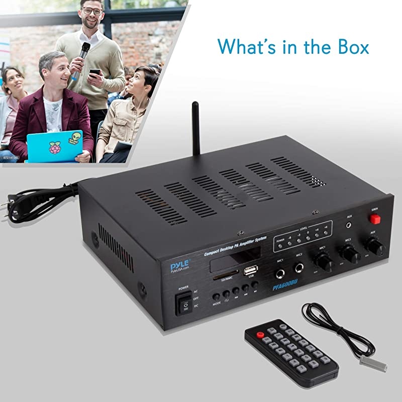 Wireless Bluetooth Karaoke Amplifier Home Car Bus Tours 300 Watts 2 Channel Digital Home Audio PA Receiver System 2 Microphone Input Control FM Radio USB12 Volt Power Option  PFA600BU
