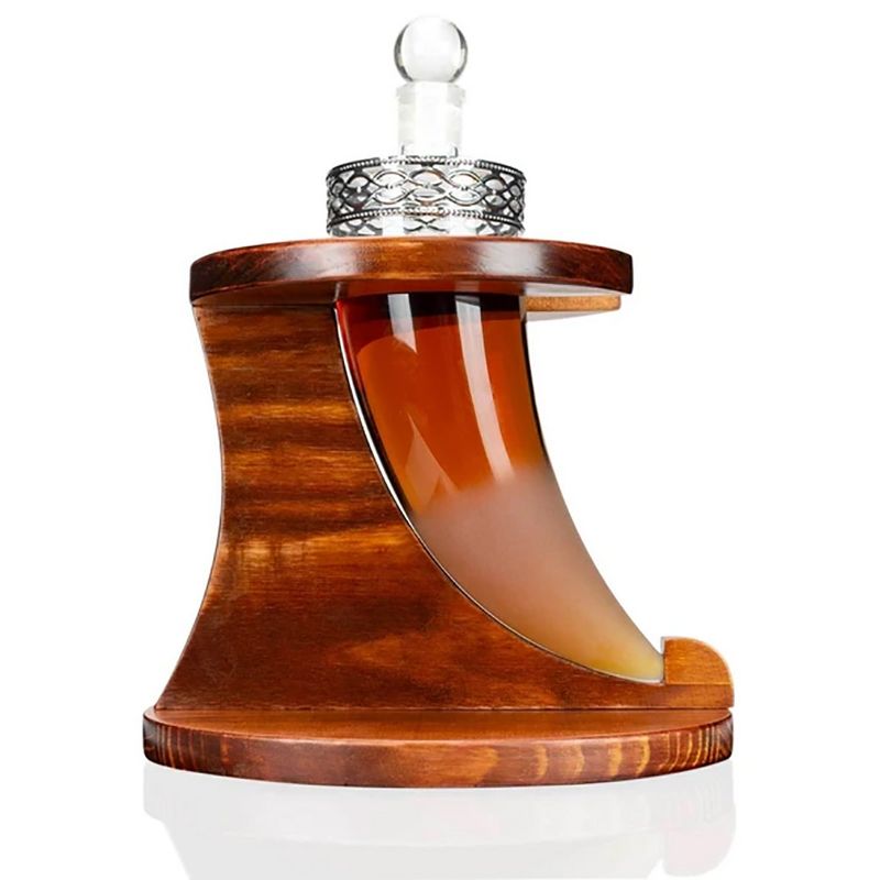 Atterstone Medieval Viking Horn Liquor Decanter Home Bar Set with Whiskey Stones, Drinking Glasses, and Custom Mahogany Display Stand