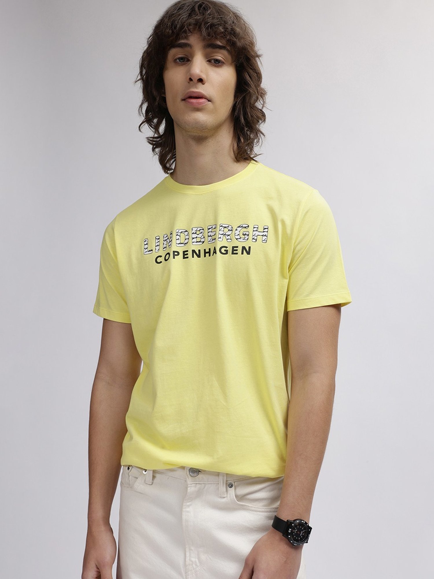 Lindbergh Yellow Cotton Regular Fit Printed T-Shirt