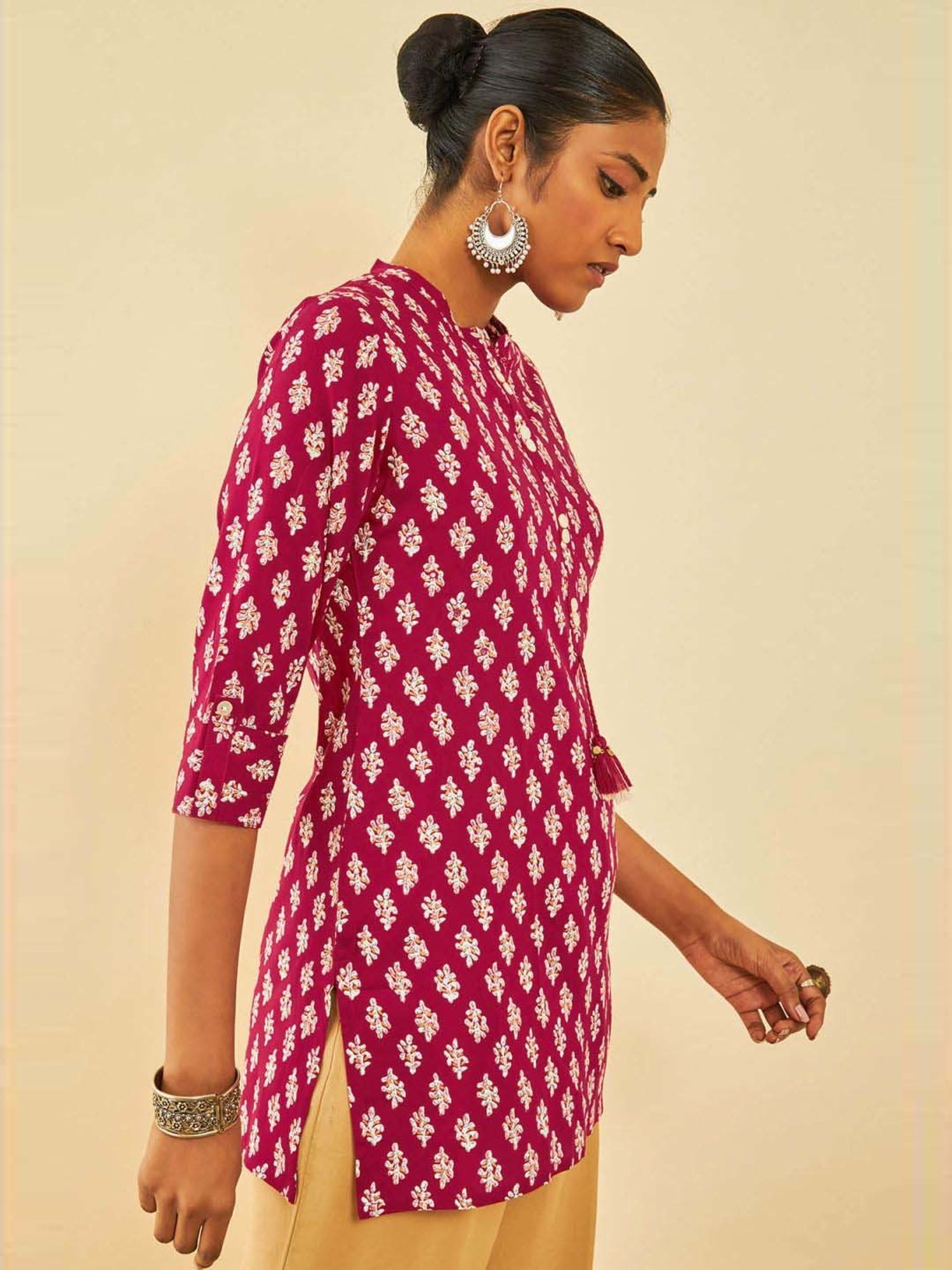 Soch Red Rayon Floral Printed Tunic With Faux Mirror