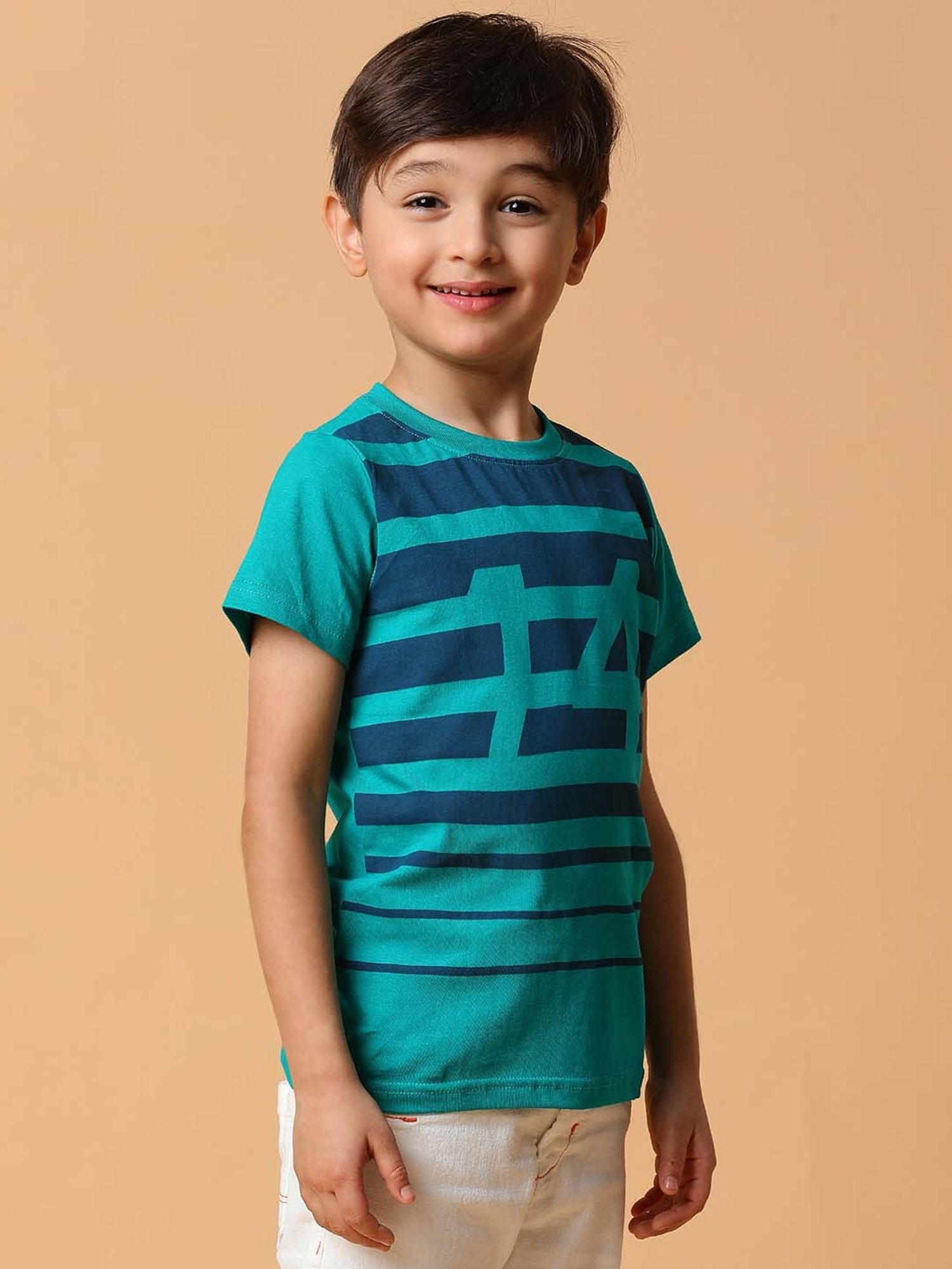 Tales & Stories Kids Teal Blue Cotton Striped T-Shirt