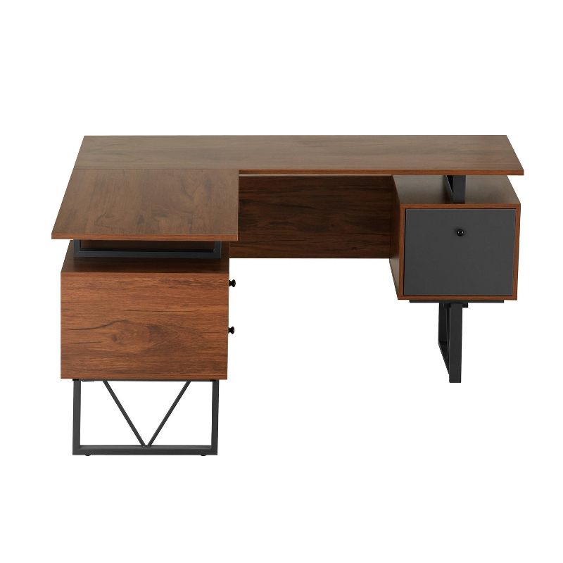 Reversible L Shaped Computer Desk with Drawers and File Cabinet Walnut - Techni Mobili
