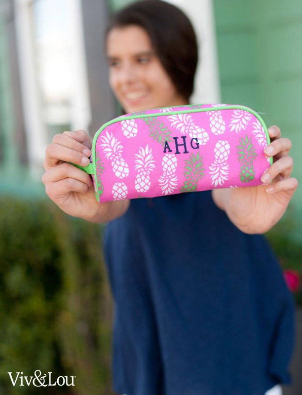 Lined Polyester Zippered School Pencil Case with Carry Strap (Pink Pineapple)