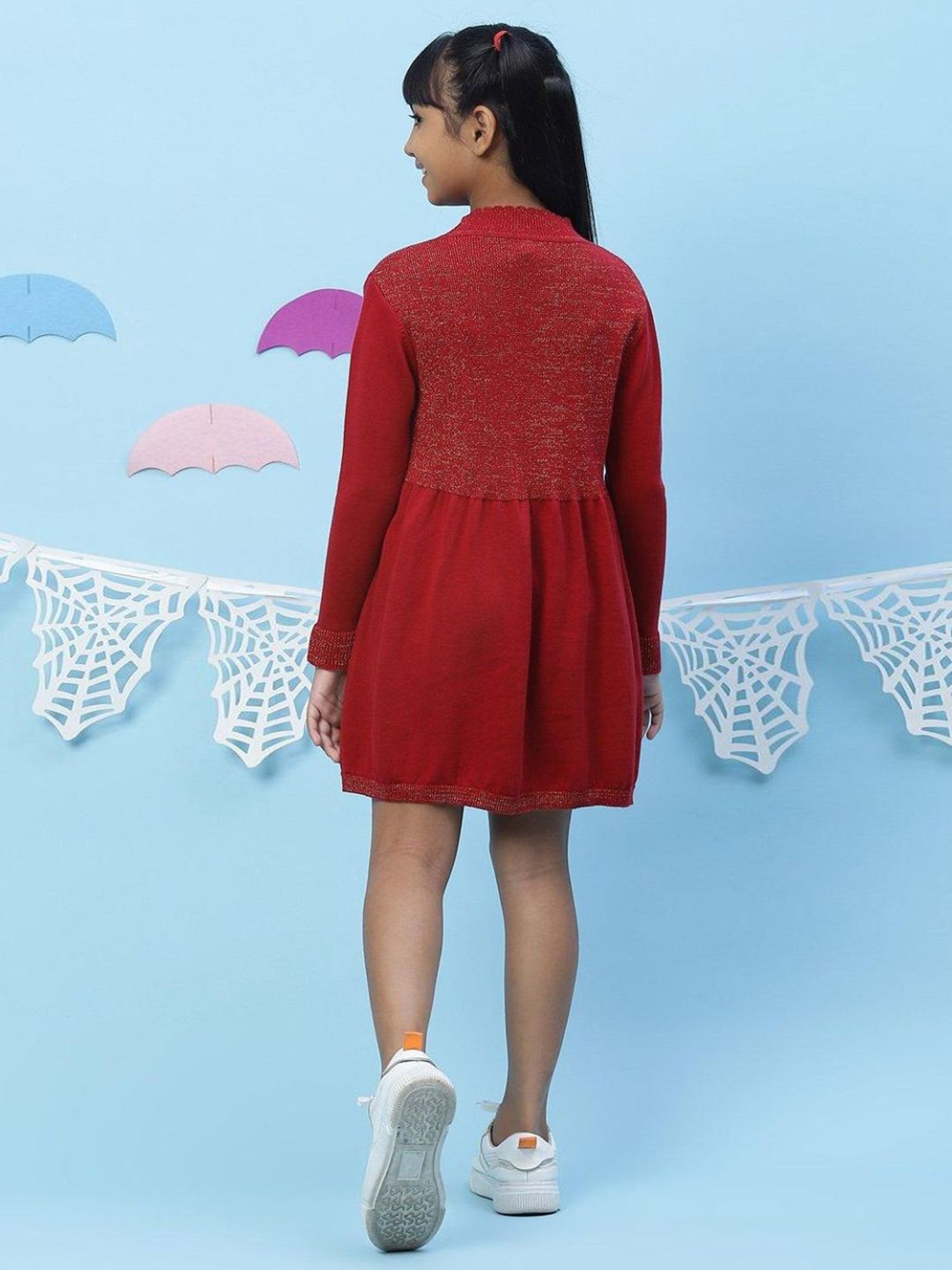 BIBA Girls Cherry Red Cotton Self Pattern Dress