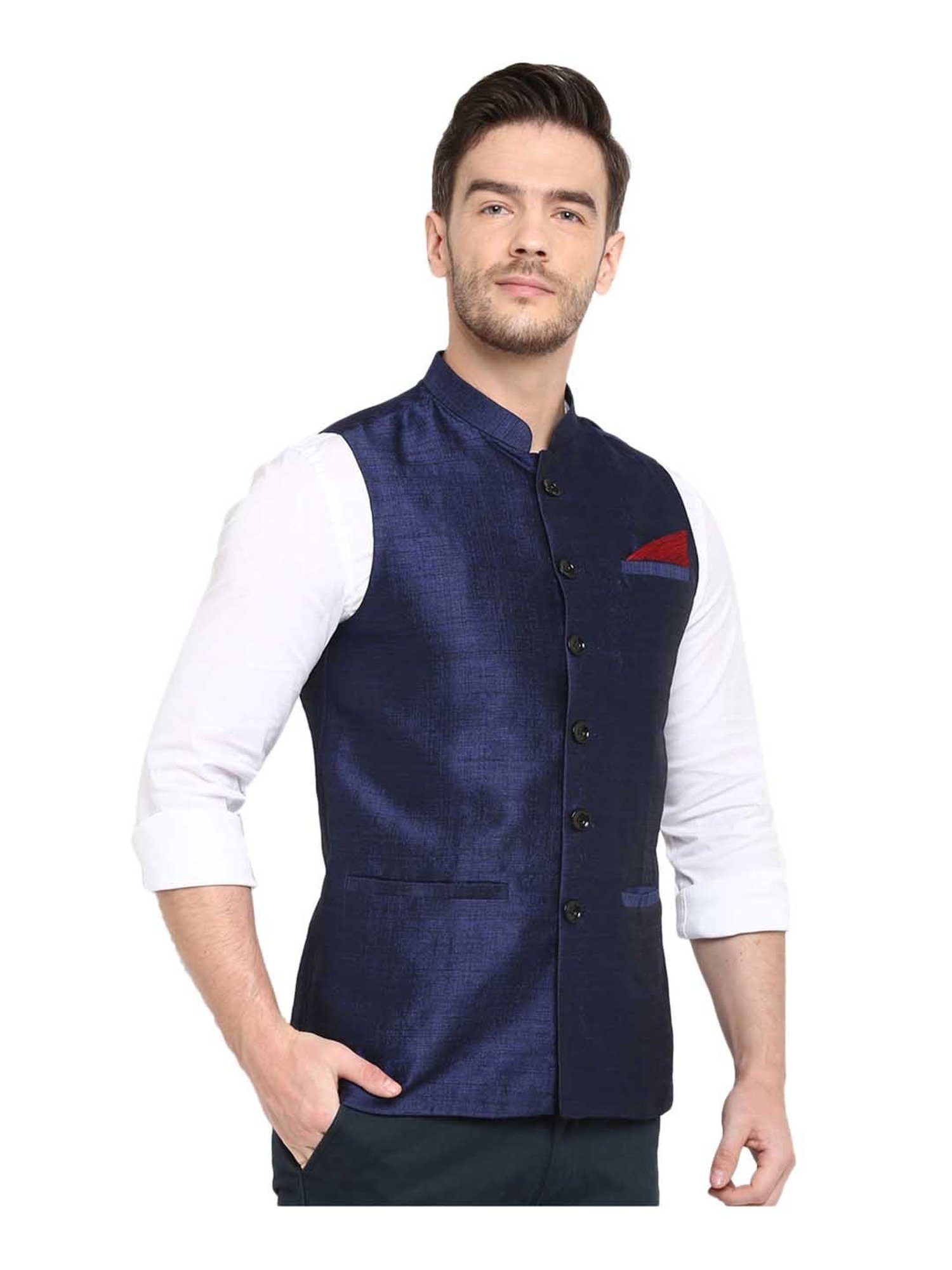 Hangup Navy Solid Regular Fit Nehru Jacket