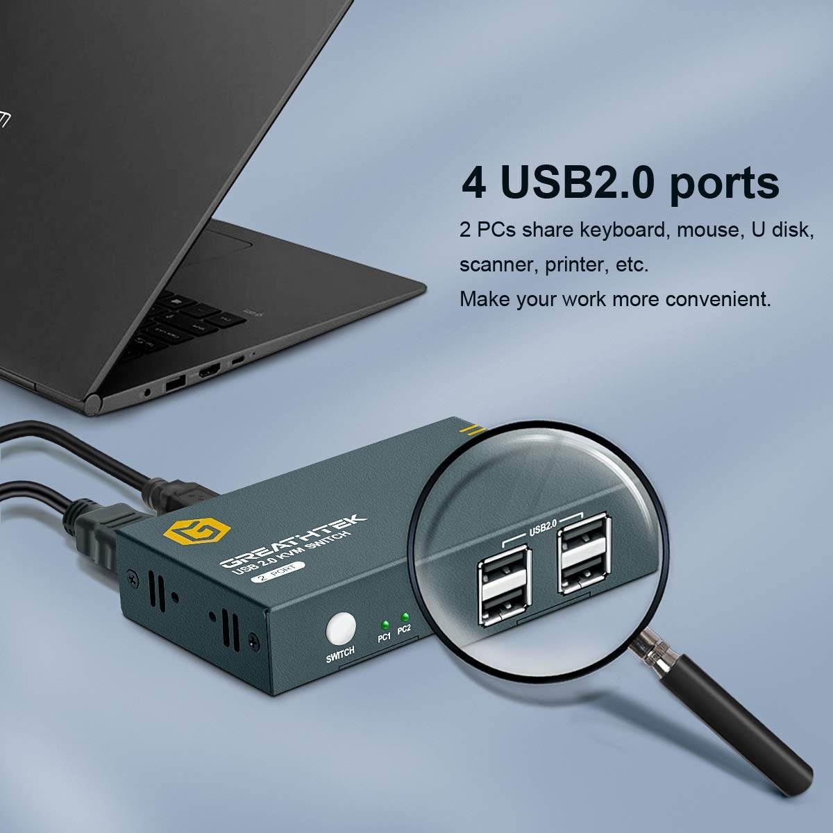 GREATHTEK HDMI KVM Switch USB 2 Port 4K USB2.0 4K @30Hz KVM Switch 2 PC 1 Monitor Ultra HD with 2 USB and 2 HDMI Cables Support Wireless Keyboard and Mouse