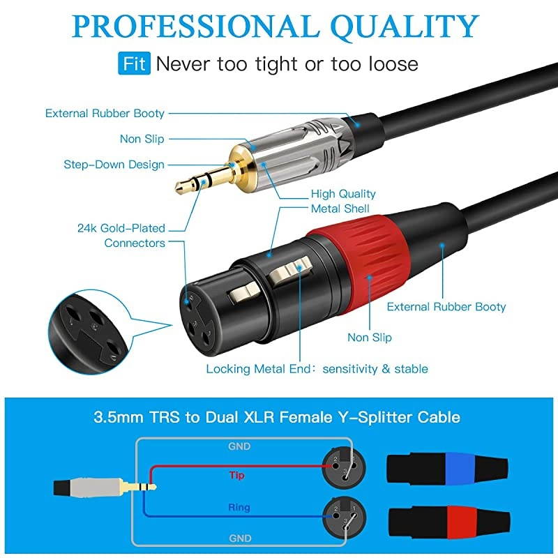 Dual XLR Female to 3.5 mm TRS Stereo Microphone Cable, 2 XLR Female to 1/8 inch TRS Stereo Y Splitter Patch Cable, 6.6 Feet