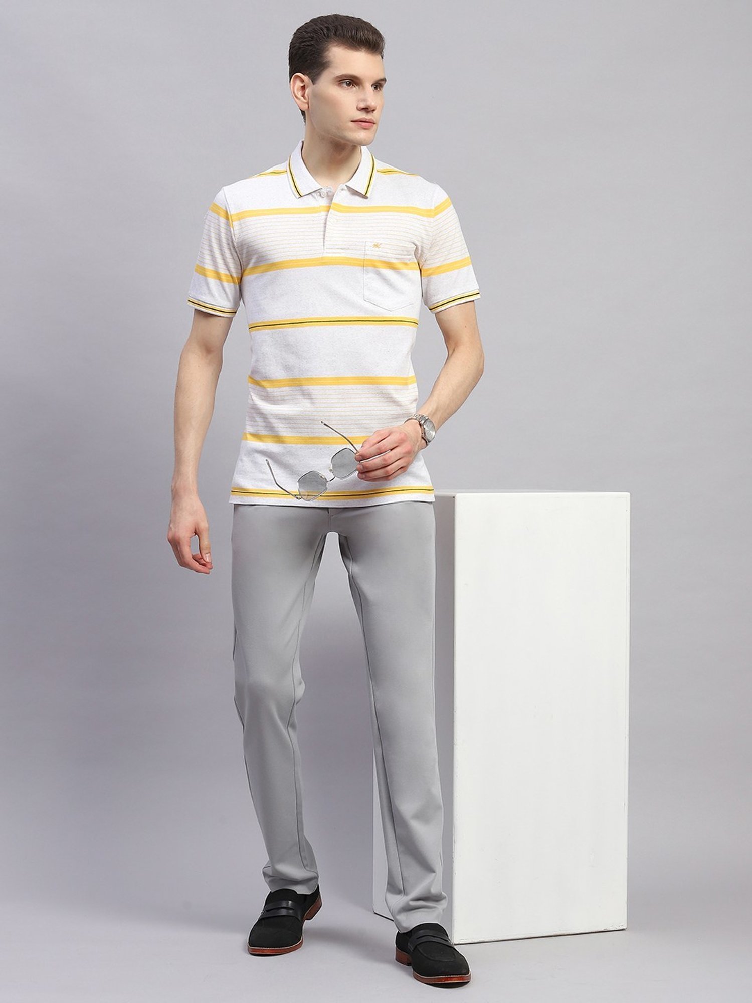 Monte Carlo Yellow Regular Fit Striped Polo T-Shirt