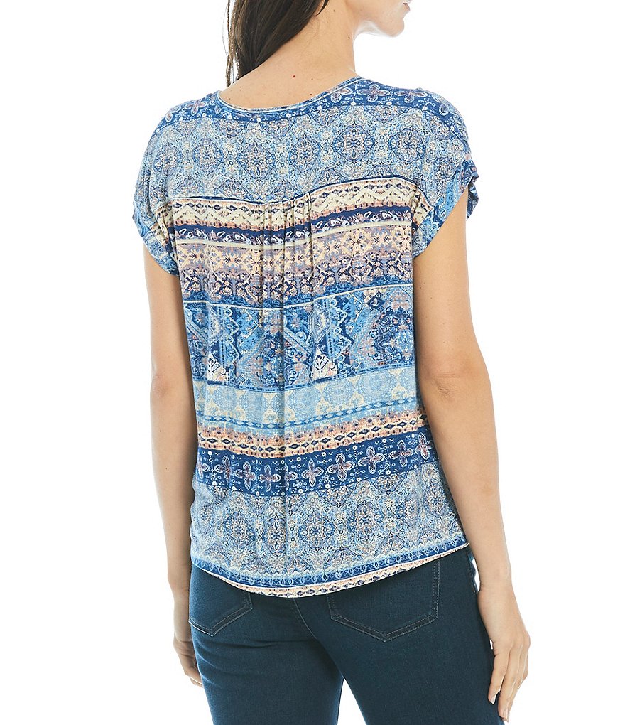 One World Apparel Ethnic Stripe Print Scoop Neck Ruched Extended Shoulder Sleeve Top