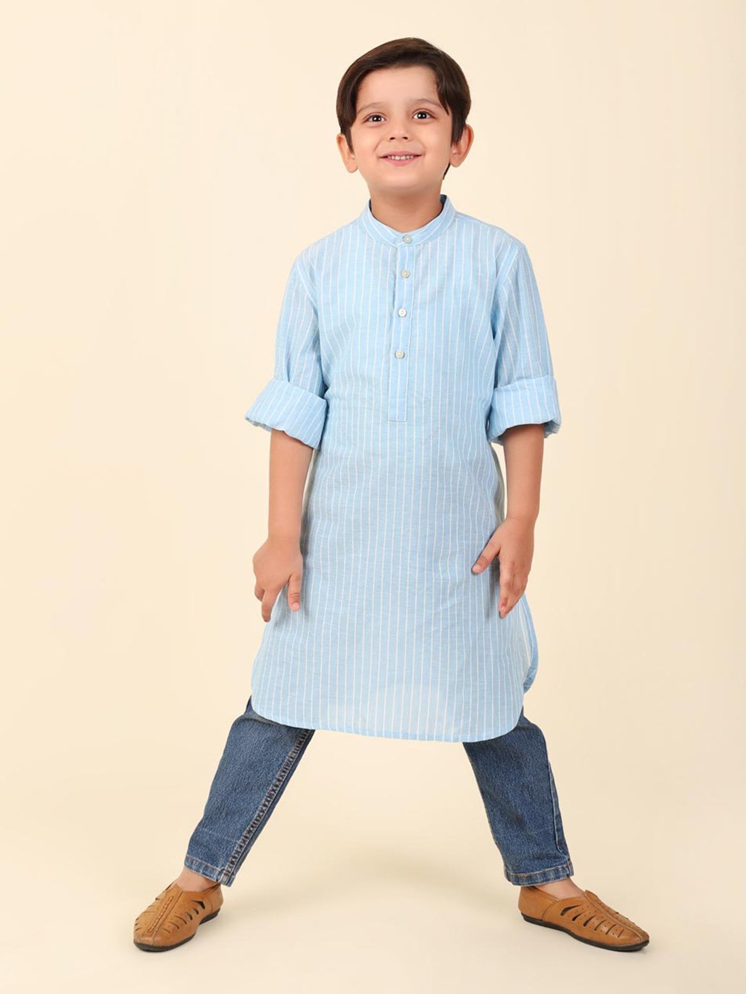 Fabindia Kids Blue Striped Full Sleeves Kurta