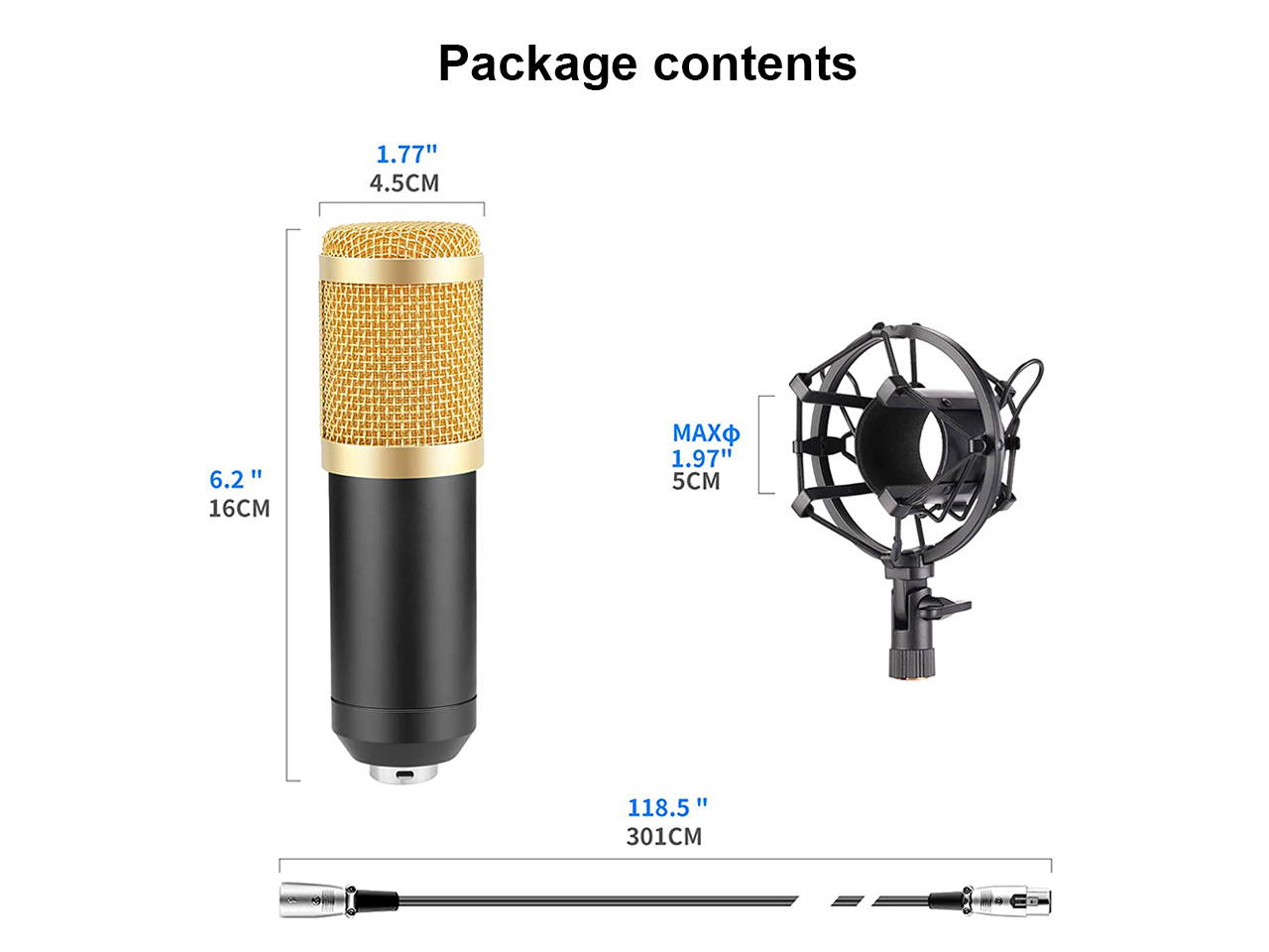 Condenser Microphone
Uni-Directional Condenser Microphone Adjustable Mic Suspension Scissor Arm, Metal Shock Mount and Double-Layer Pop Filter for Studio Recording & Broadcasting (Gold)