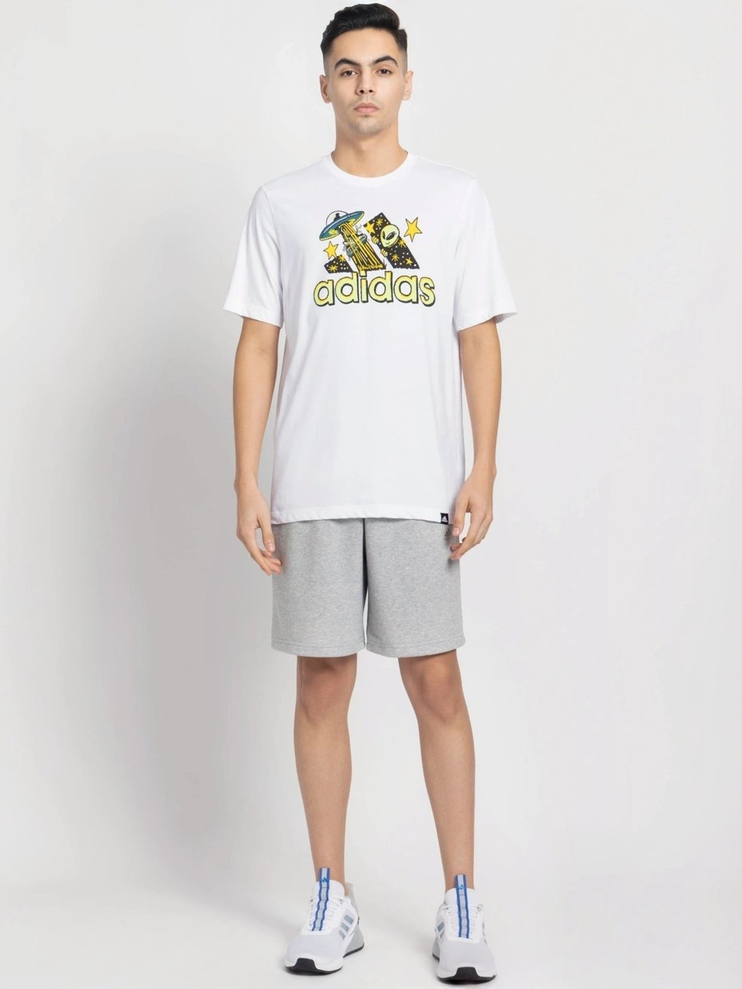 Adidas White Cotton Regular Fit Logo Printed T-Shirt