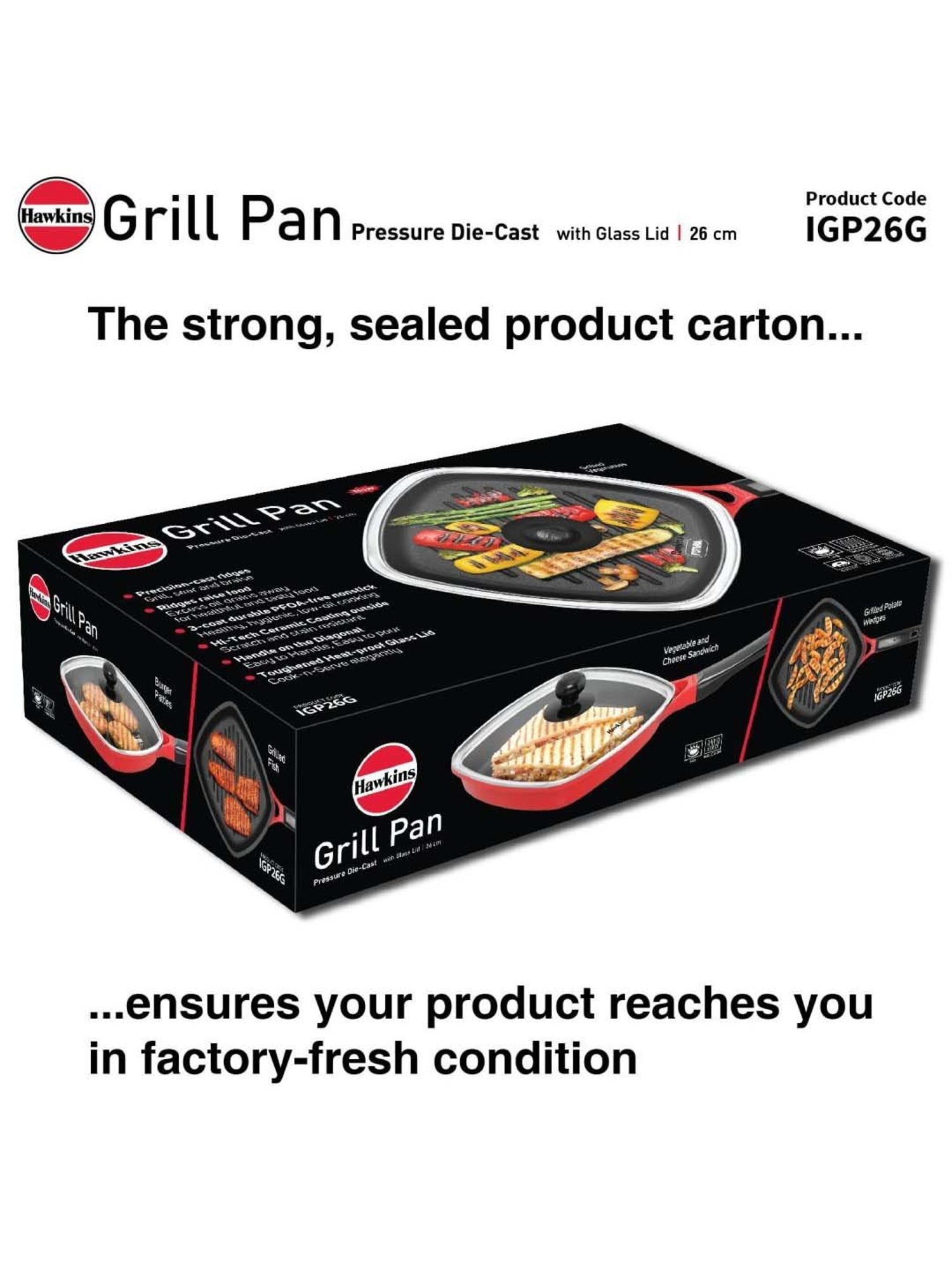 Hawkins Red Ceramic 26 cm Die Cast Square Grilling Pan With Glass Lid (Igp26G) (1.18 L)