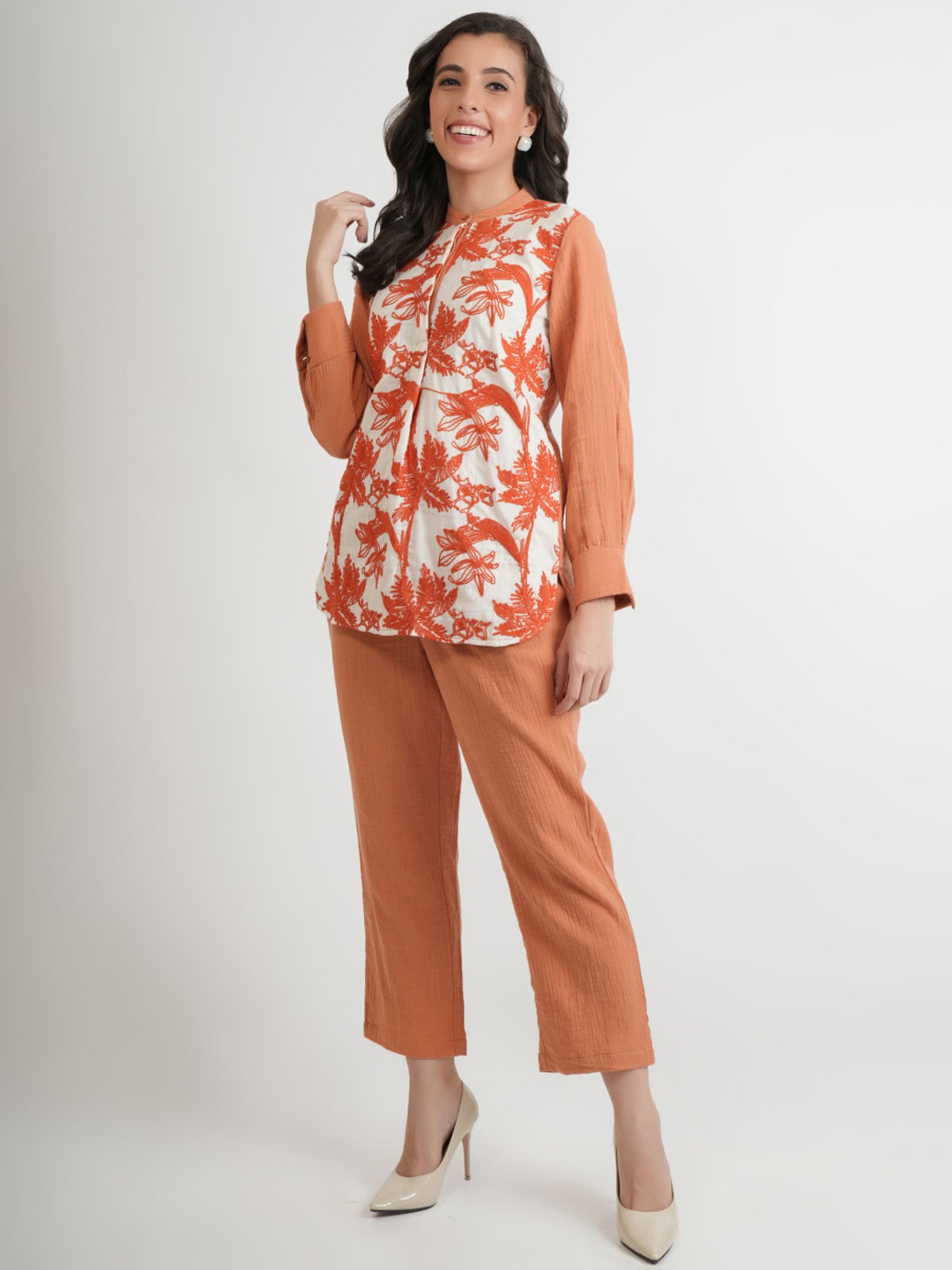 Zolo Label Brown Embroidered Top Pant Set