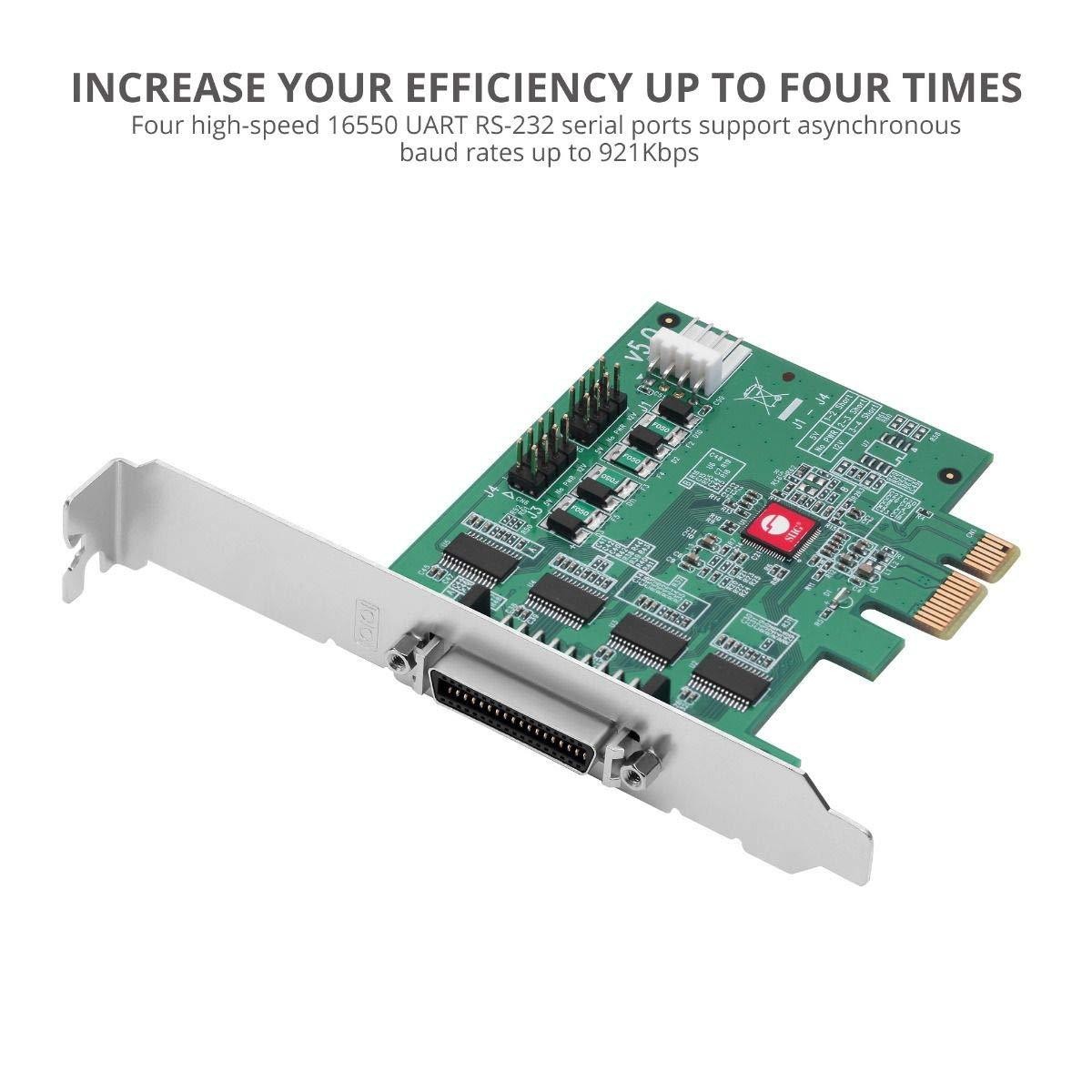 SIIG DP Cyber Serial 4S PCIe Adapter Card - Add 4X RS-232 (16550 UART) Serial Ports