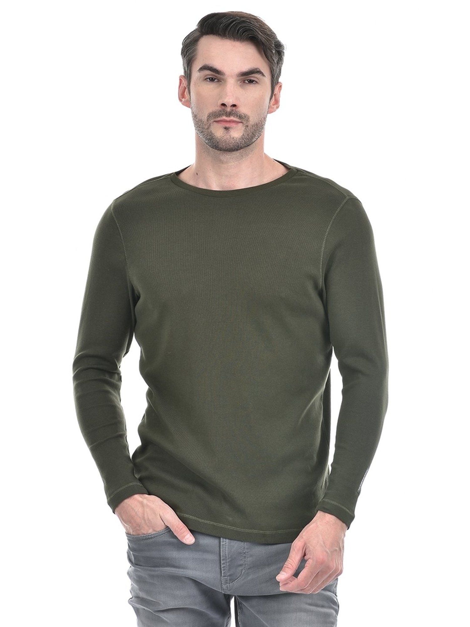 NUMERO UNO Olive Slim Fit Solid Round Neck Brushed Fleece T-Shirt
