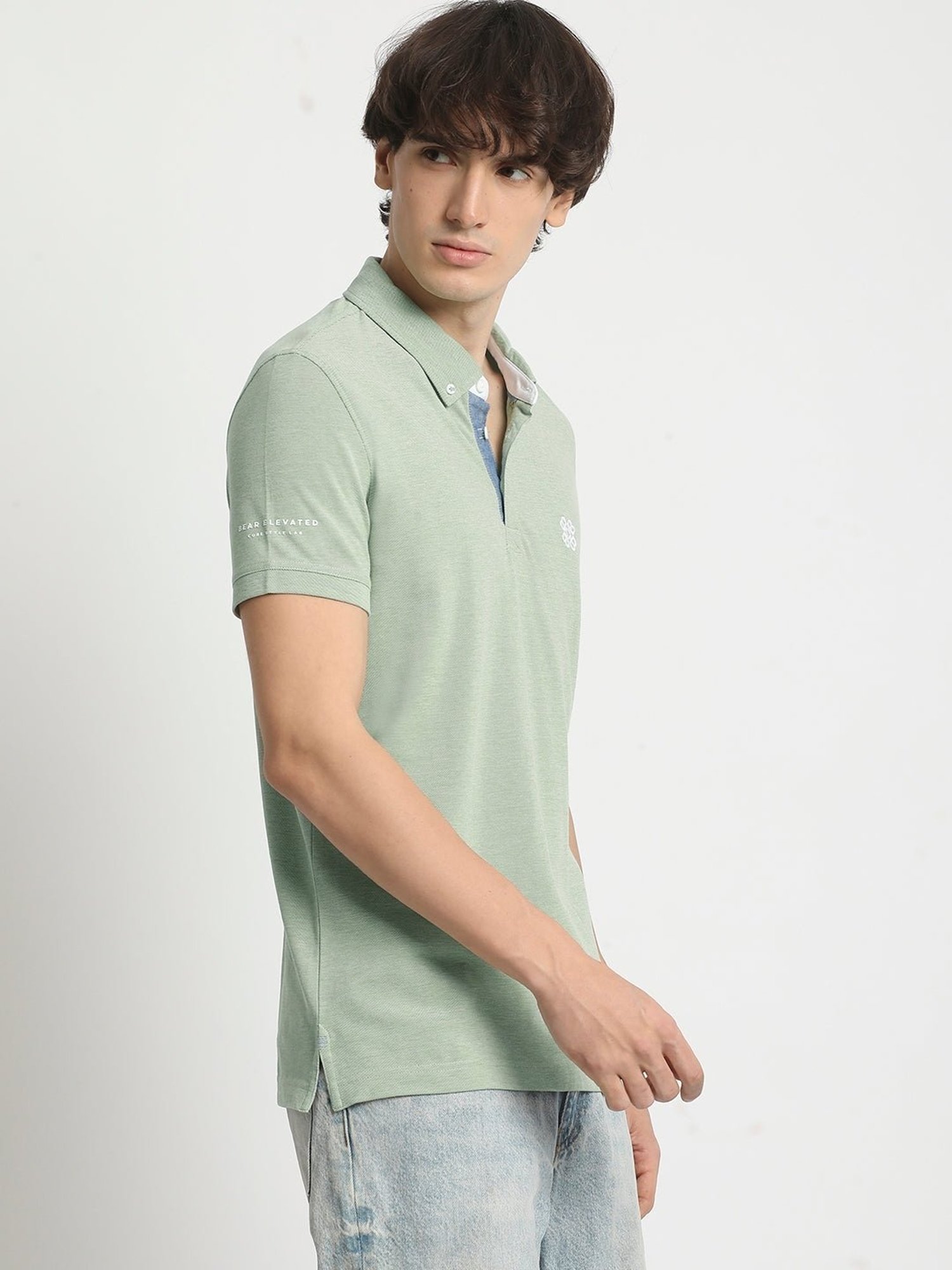 The Bear House Green Cotton Regular Fit Polo T-Shirt
