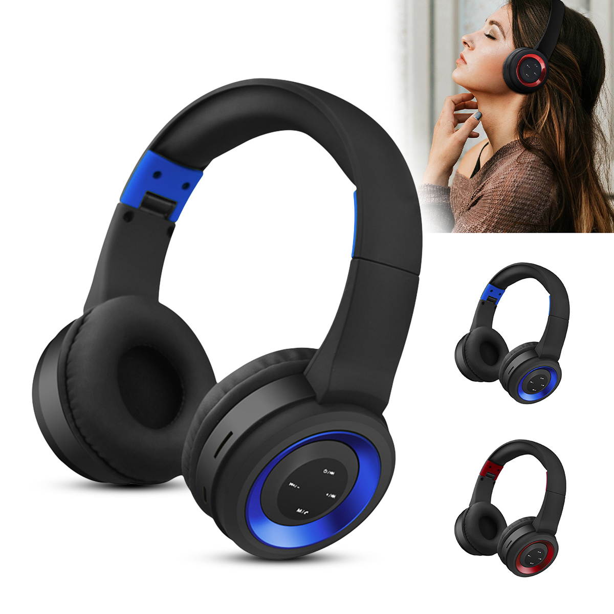 Wireless Bluetooth Headphones over Ear Stereo Super Bass Built-in Mic Foldable Headset Earphone for PC, Smart Phone, Tablet, Speakers