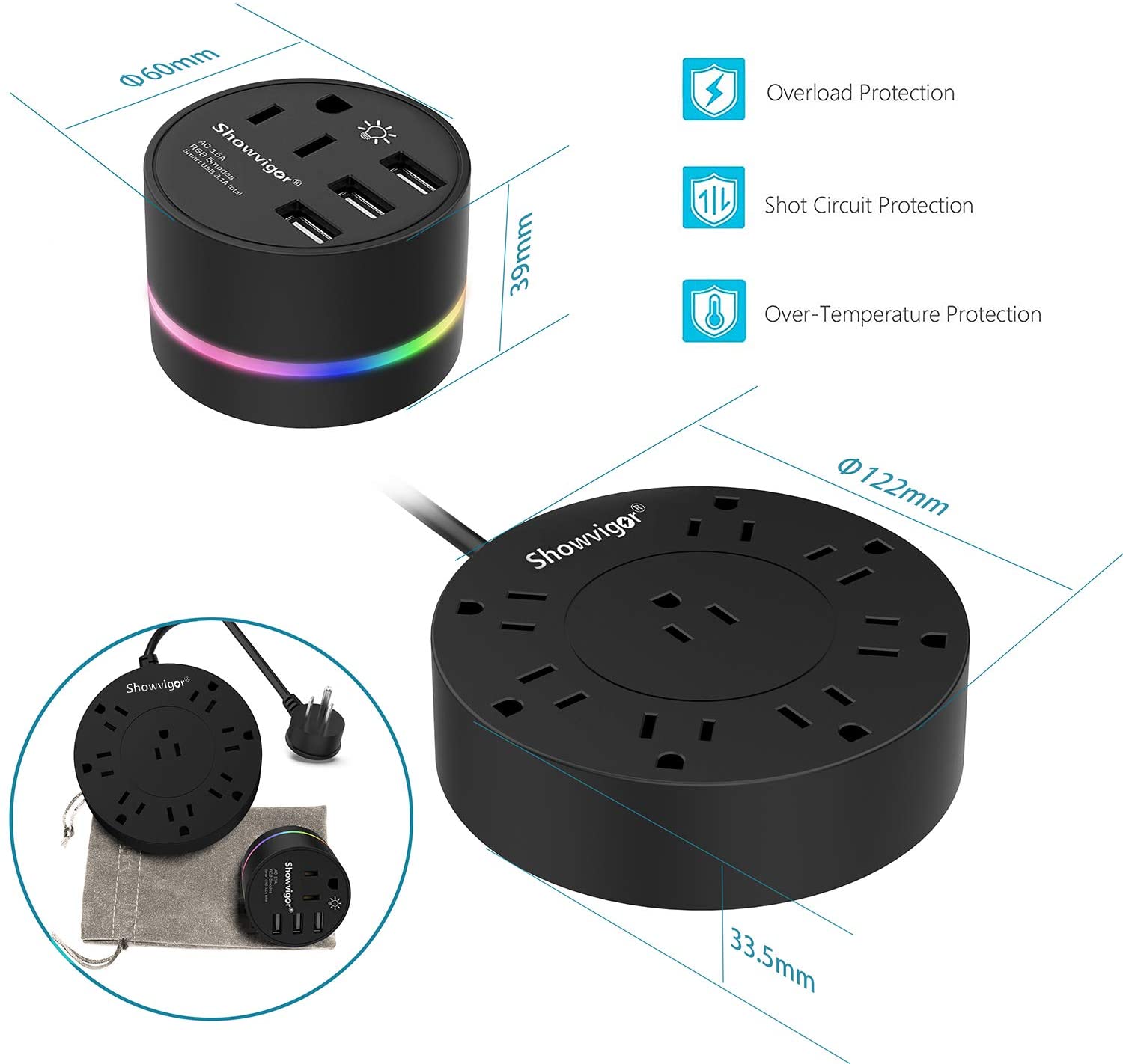 Power Strip with USB, 9-Outlet Surge Protector 3 USB Charging Ports with Sensor Night Light, 6ft Long Extension Cord, Flat Plug, 1875W/15A Compact Size for Travel, Home and Office, ETL Listed