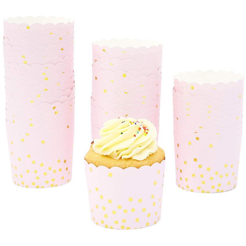 Sparkle and Bash 50 Pack Muffin Liners - Pink and Gold Foil Polka Dots Cupcake Wrappers Paper Baking Cups