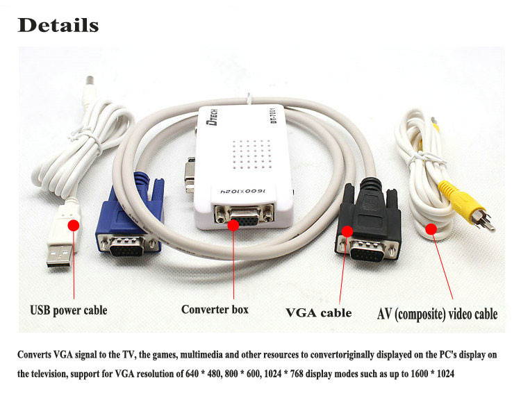 DTECH  PC to TV Converter,up to 1600X1024@85HZ,  PC MAC VGA to AV Composite and RCA S-Video for TV/Projector Converter terminal converter box (DT-7001 )