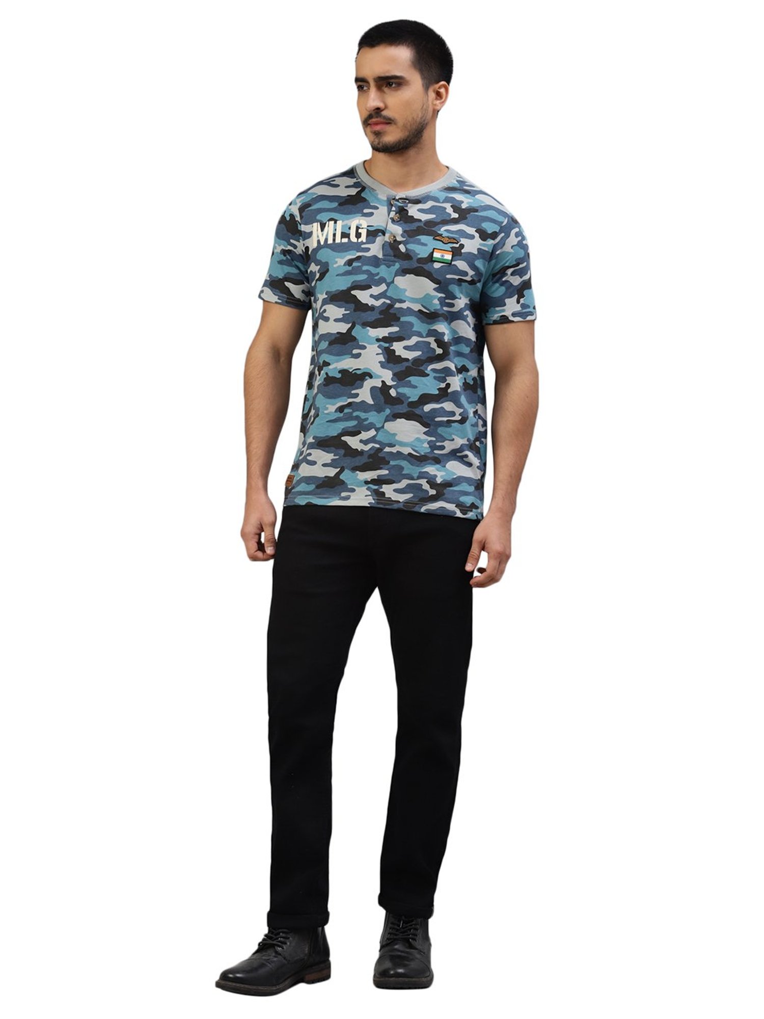 Royal Enfield MLG Urban Blue Regular Fit Camo Print Henley T-Shirt