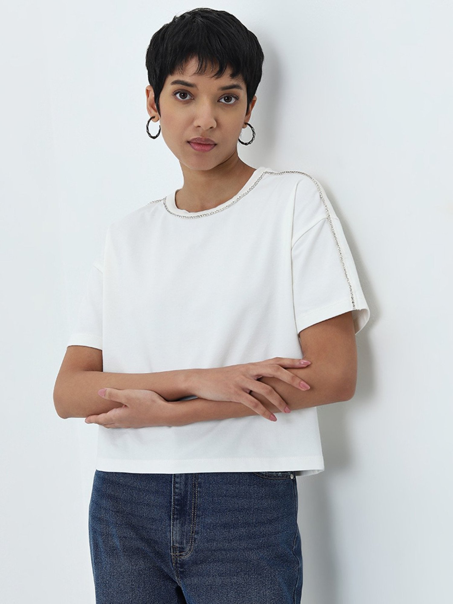 LOV by Westside White Diamante Embellished Cotton Blend T-Shirt