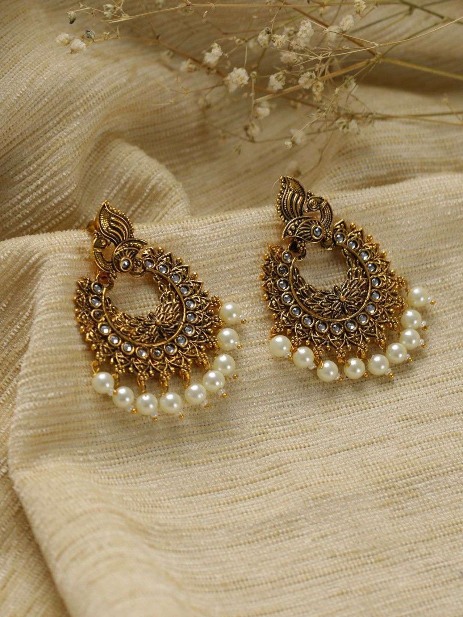 Priyaasi Peacock Pearl Gold-Plated Chand Bali Earrings