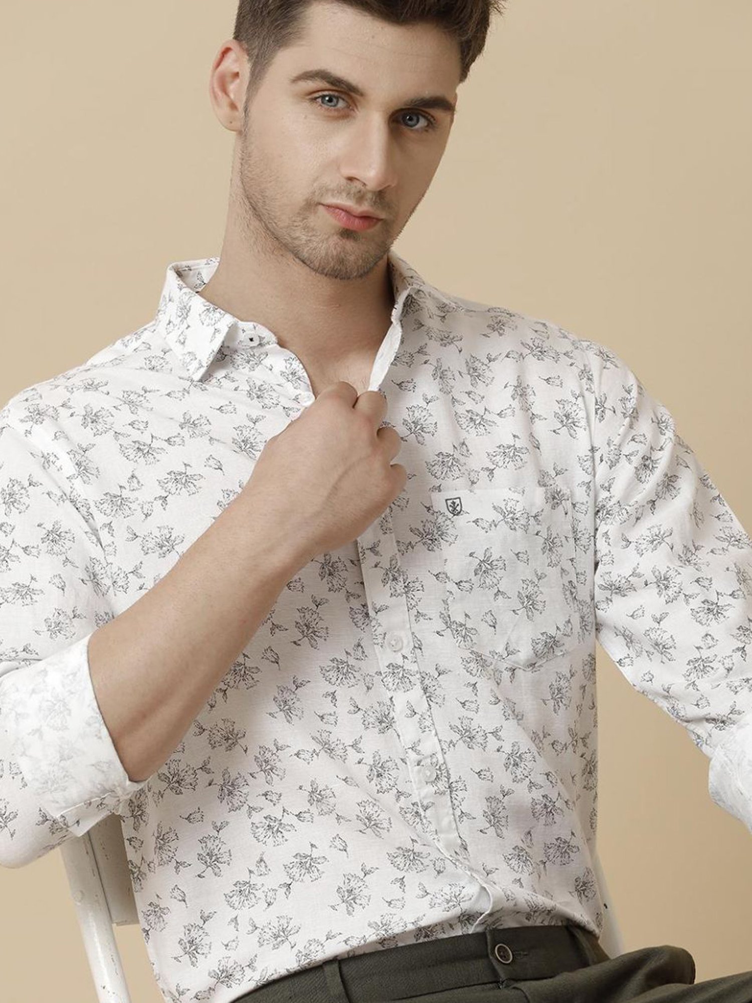 Linen Club White Linen Contemporary Fit Printed Shirt