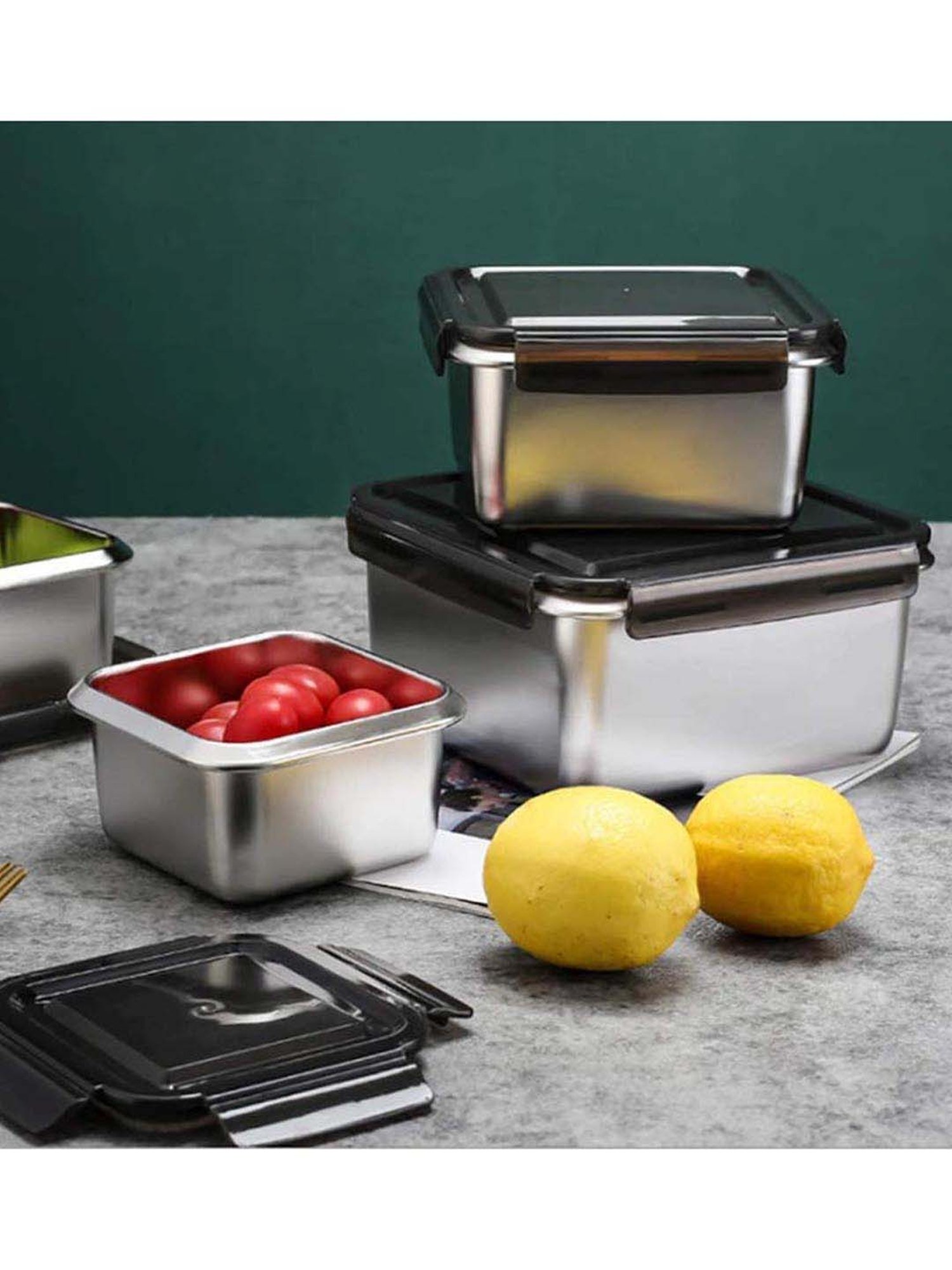 Femora Silver Steel Containers with Lid (380 ml) - Set of 3