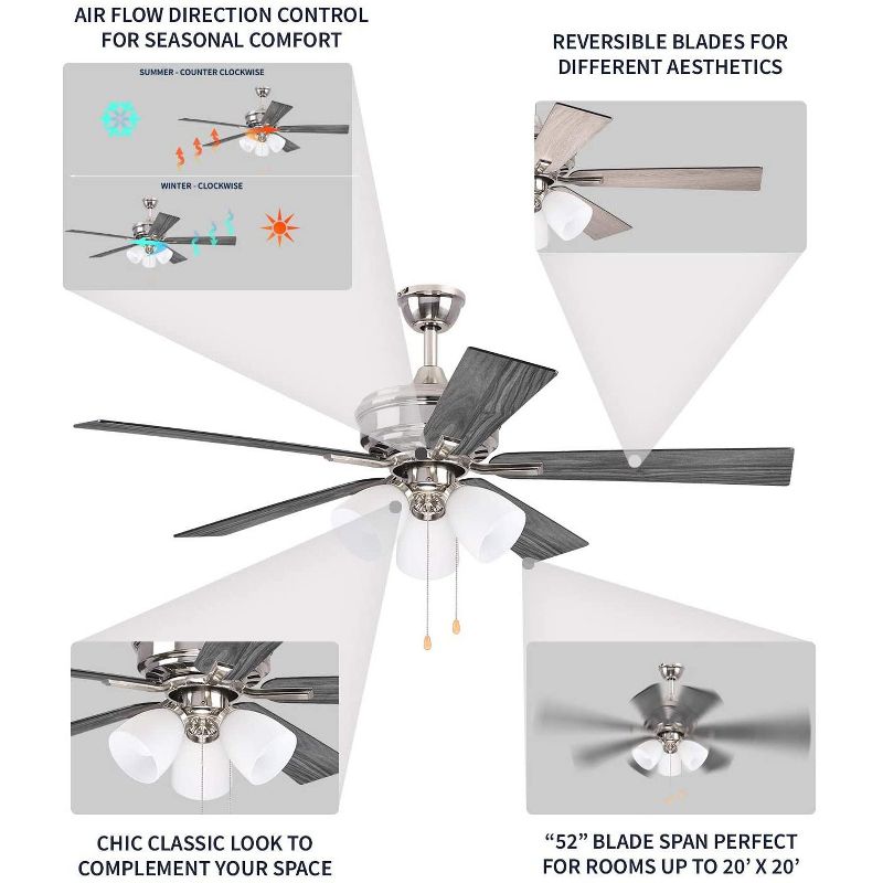 52" Dual Mount Brushed Nickel Ceiling Fan with Frosted White Glass Light (Reversible Blades)- Hearth Brands