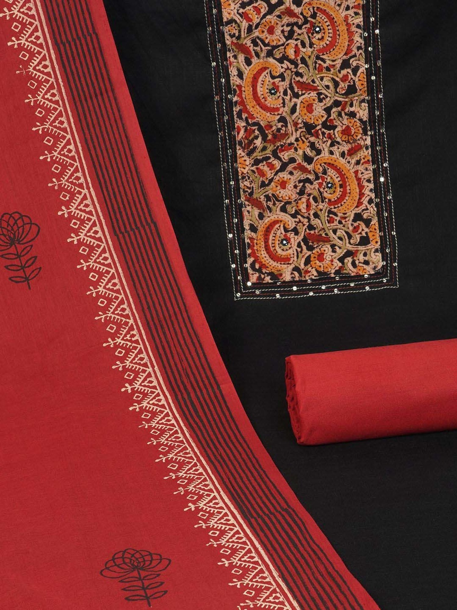 Kami Kubi Black Cotton Embellished Unstitched Dress Material