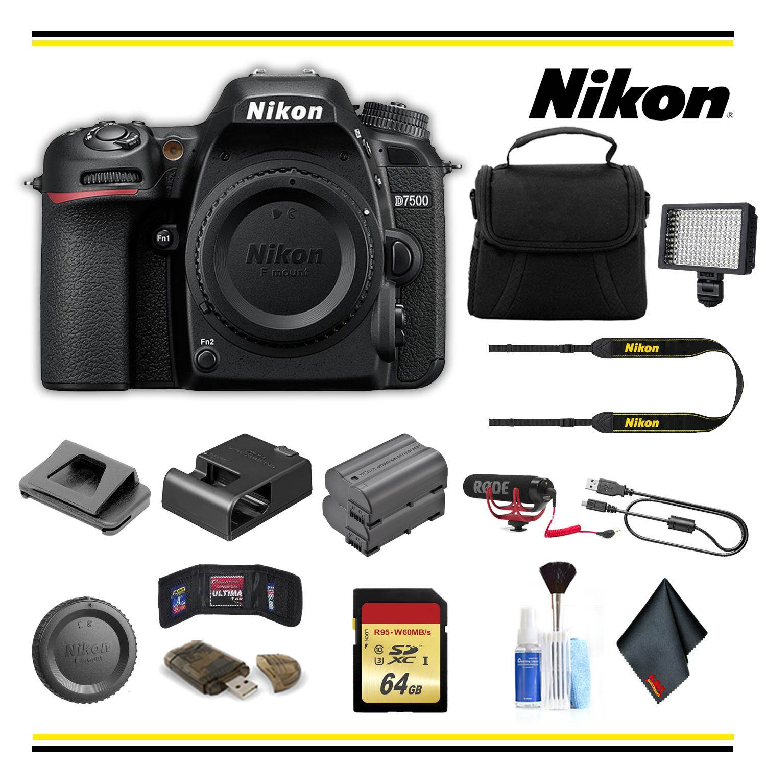 Nikon D7500 DSLR Camera Advanced Bundle Body W/ Bag, Extra Battery, LED Light, Mic, and More