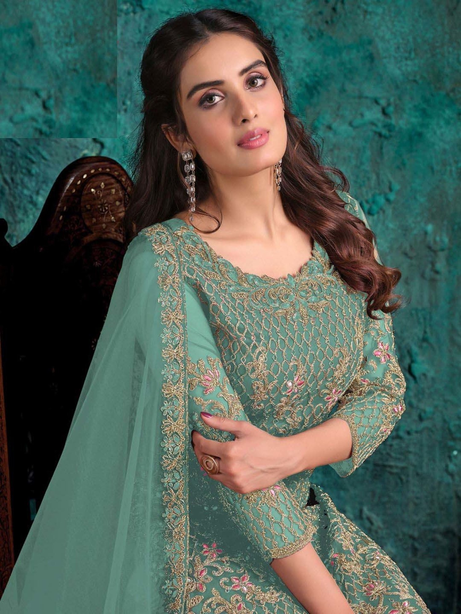 Odette Green Embroidered Semi Stitched Dress Material