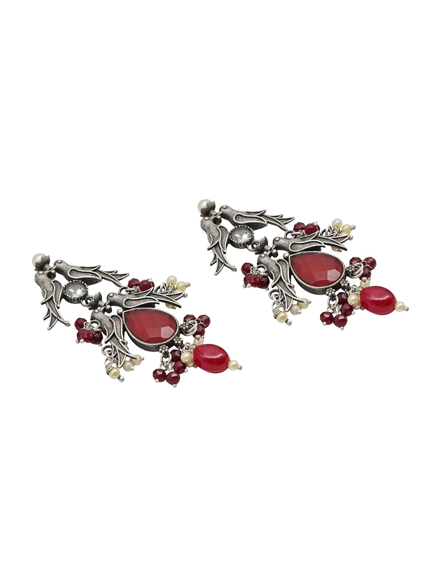Teejh Ethnic Shyala Red and Silver Oxidized Dangler Earrings
