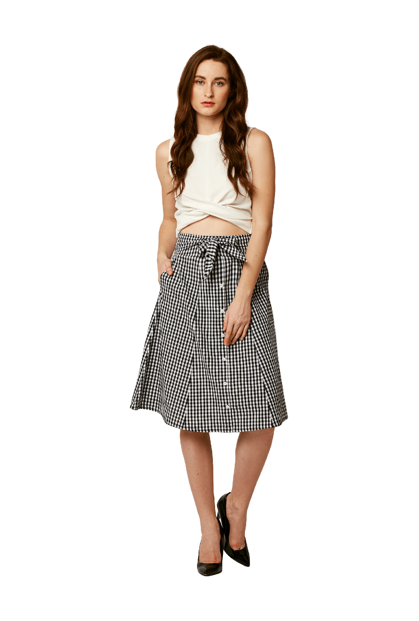 Miss Chase White & Black Checks Knee Length Skirt
