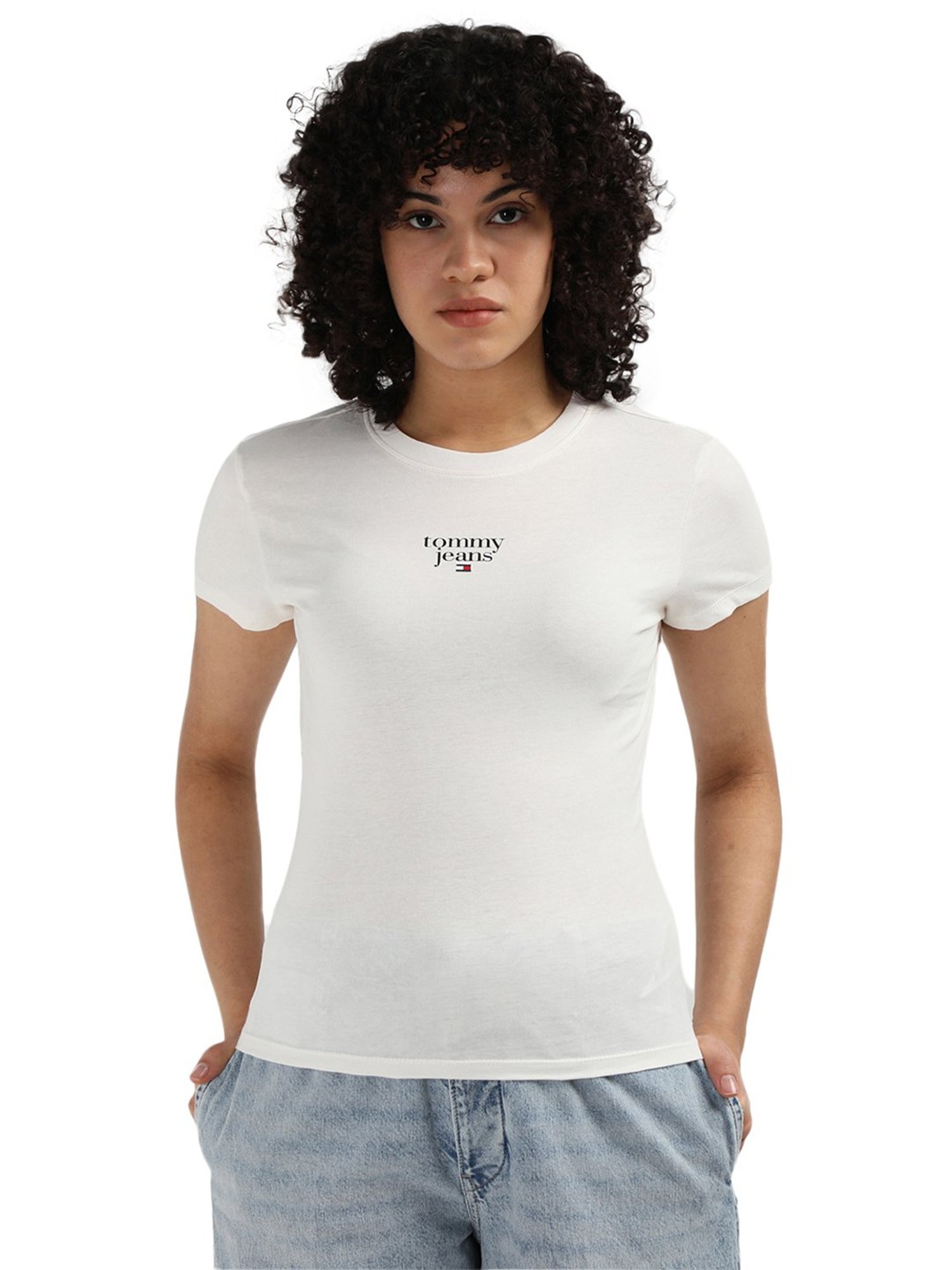 Tommy Hilfiger White Cotton Printed Women Slim Fit T-Shirt