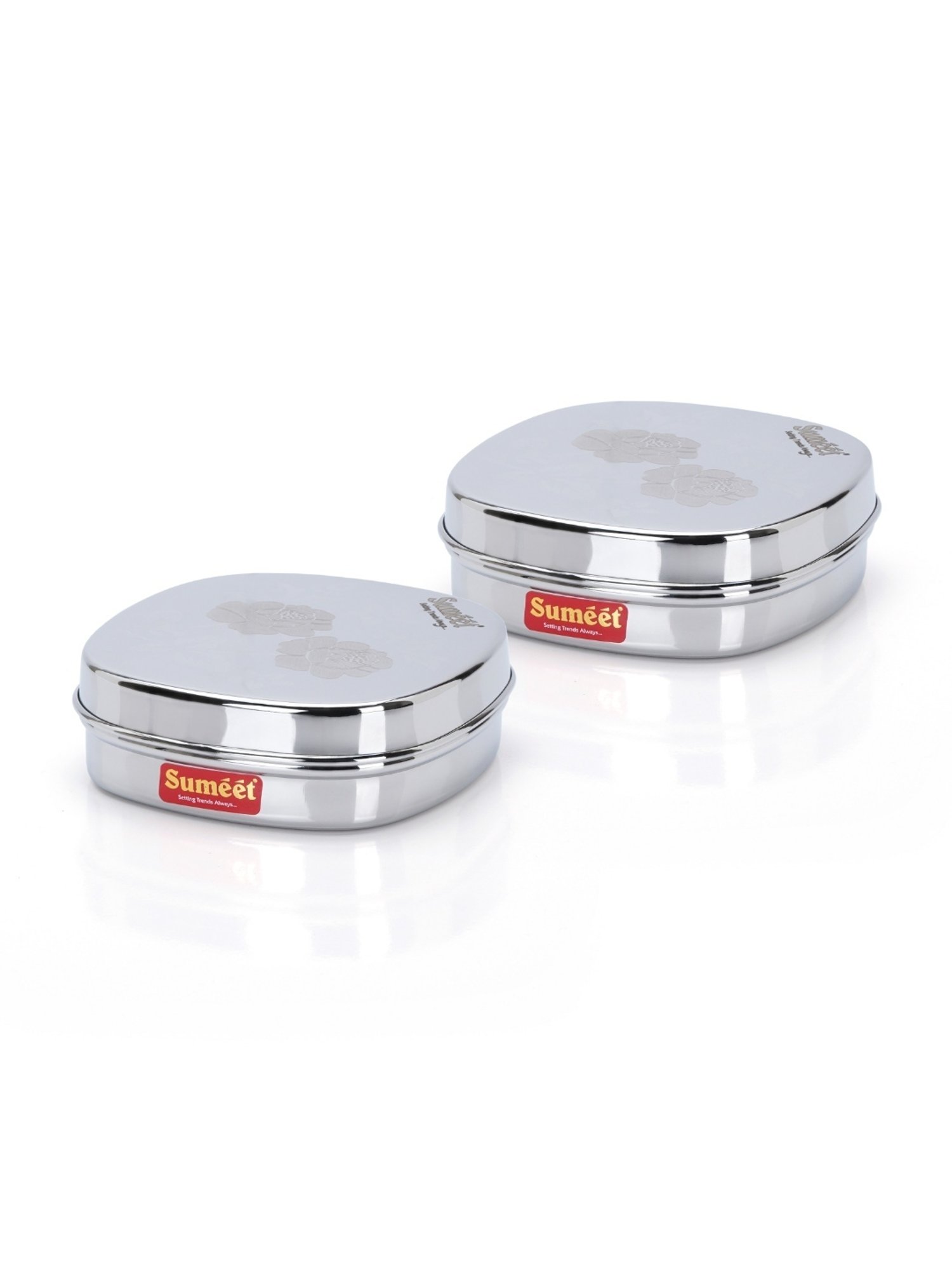 Sumeet S.S. Designer Square Storage containers box/Dabba for Kitchen, Set of 2Pcs, 350ml, 12cm Dia,