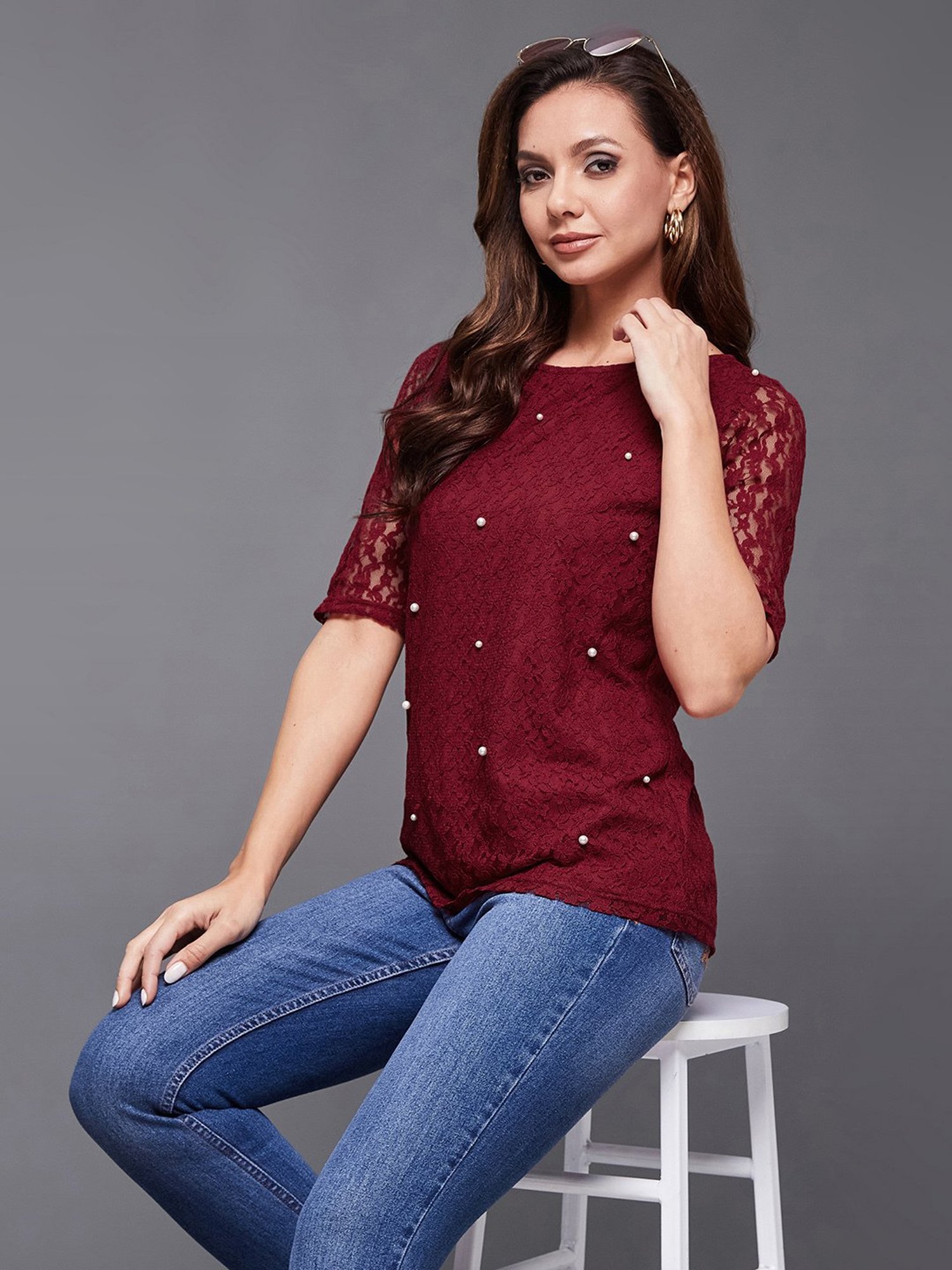 Miss Chase Maroon Embellished Top