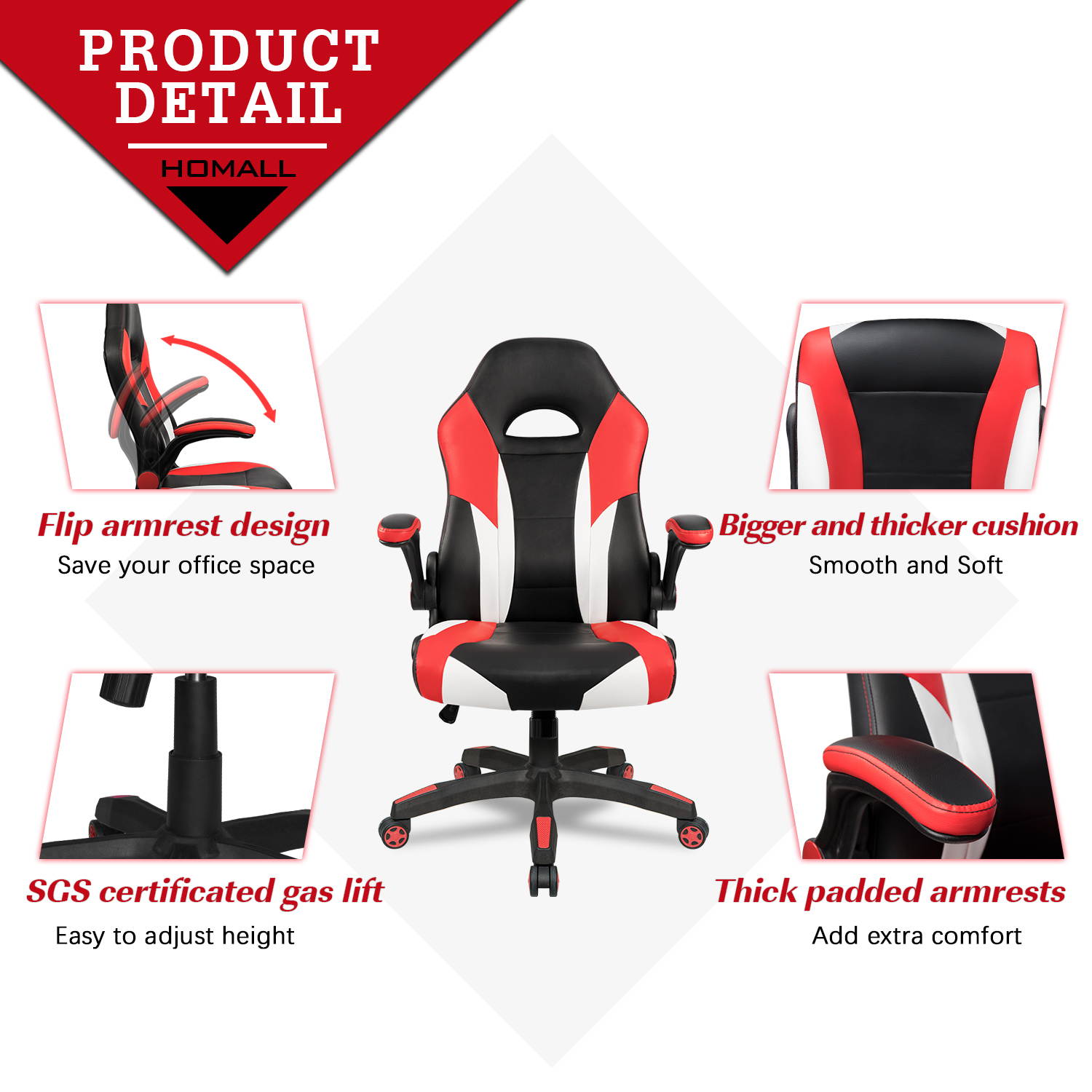 Homall Gaming Chair Office Computer Chair Racing Desk Chair Ergonomic High Back Adjustable Swivel Chair PU Leather Executive Chair for Adults with Flip Up Padded Arms (Red)