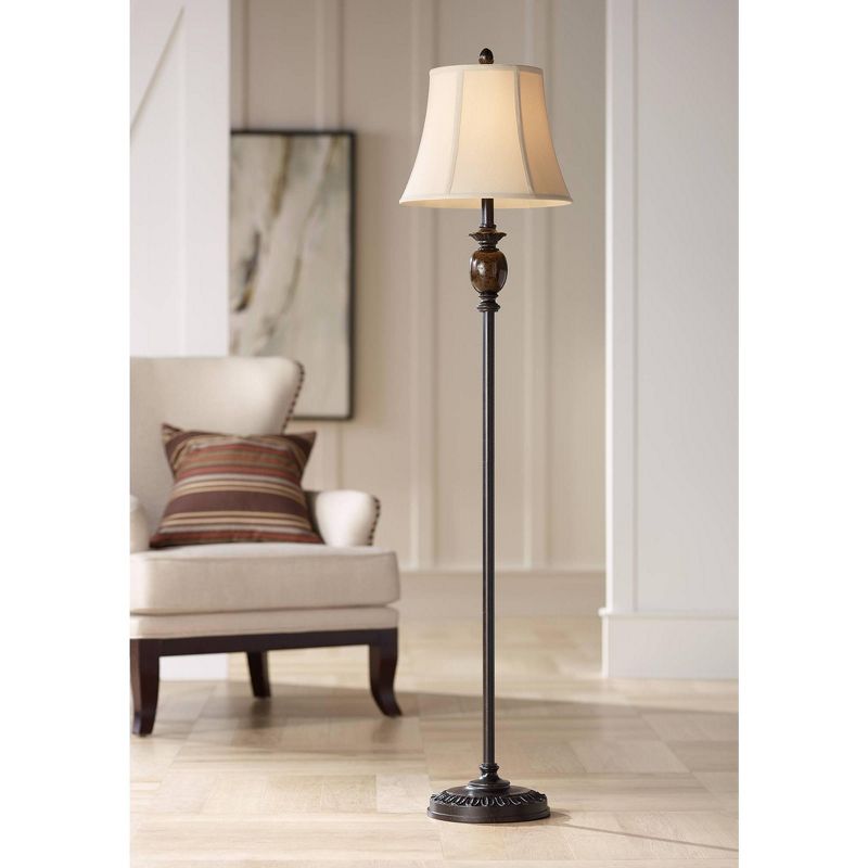 Regency Hill Traditional Floor Lamp Deep Bronze Tortoise Shell Font Tan Fabric Bell Shade for Living Room Reading Bedroom Office
