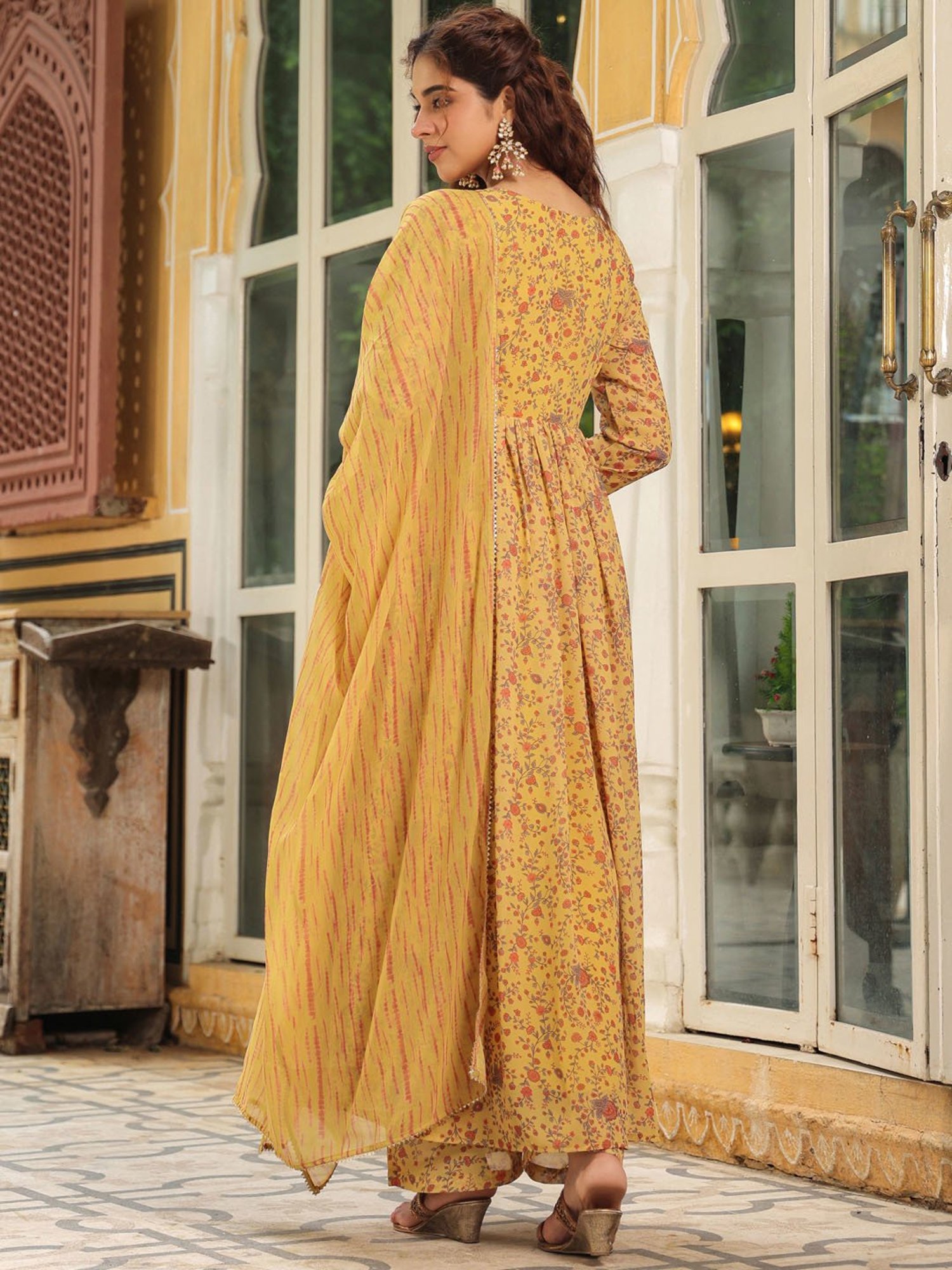 Janasya Mustard Georgette Printed Kurta With Pant & Dupatta