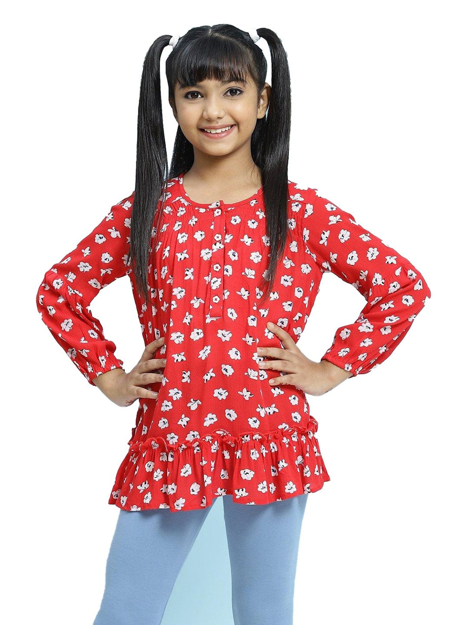 BIBA Girls Red Printed Top
