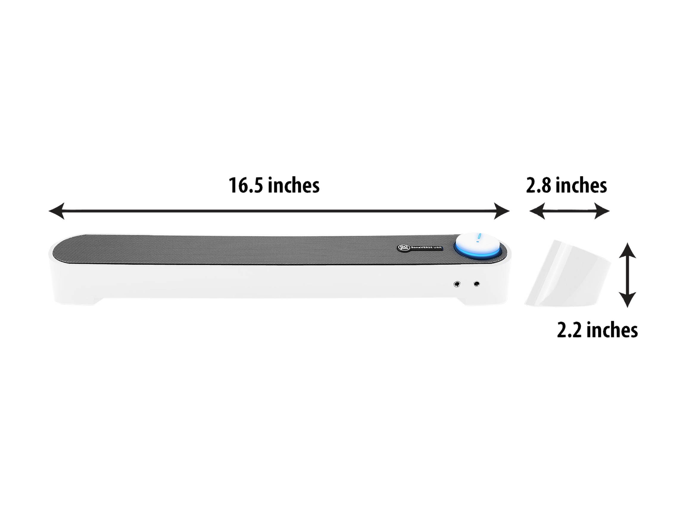 Desktop Computer Sound Bar Speaker w/ Easy Access Headphone & Mic Jacks by GOgroove - SonaVERSE UBR (White) - USB Powered, LED accents, Compact 16.5" Length, Angled Design - Ideal for Small Desks