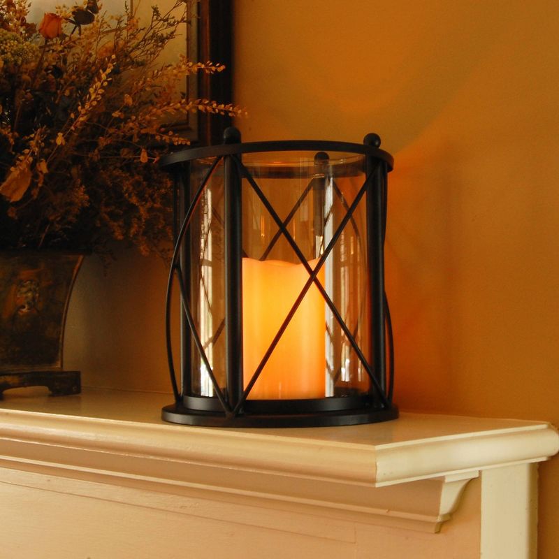 Round Metal LED Lantern With Criss Cross Design And Battery Operated Candle Black - LumaBase