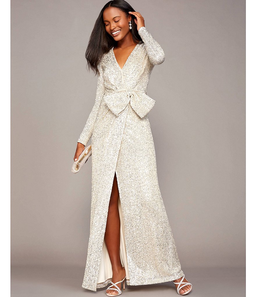 Eliza J Sequined Long Sleeve V-Neck Mesh Bow Waist Gown